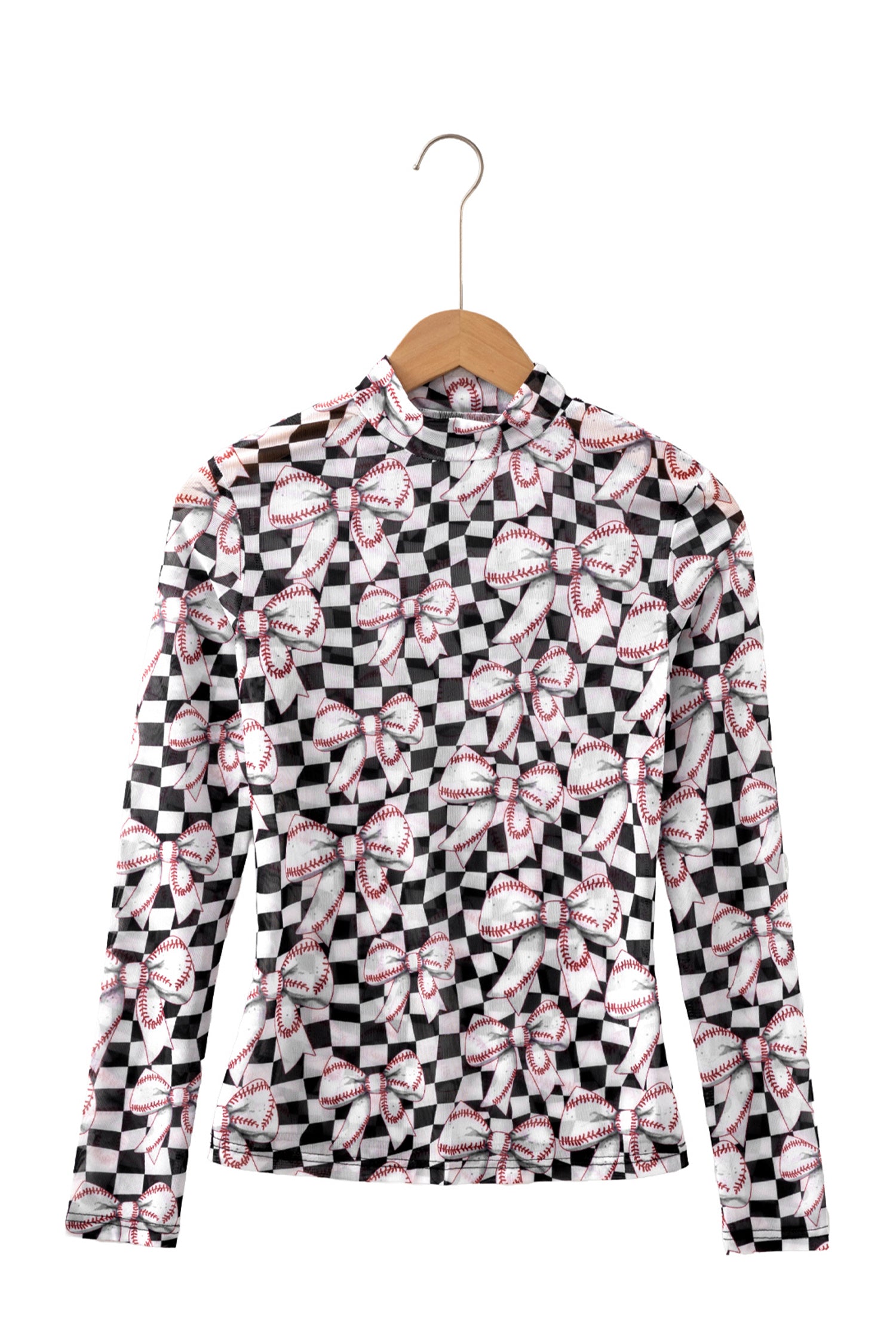 Black Checkered Baseball Bow Print High Neck Long Sleeve Mesh Top