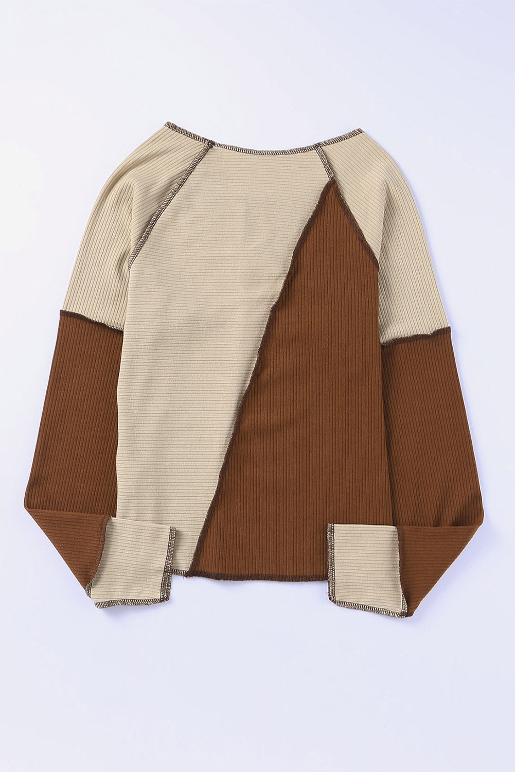 Brown Irregular Color Block Seaming Trim Rib Knit Top