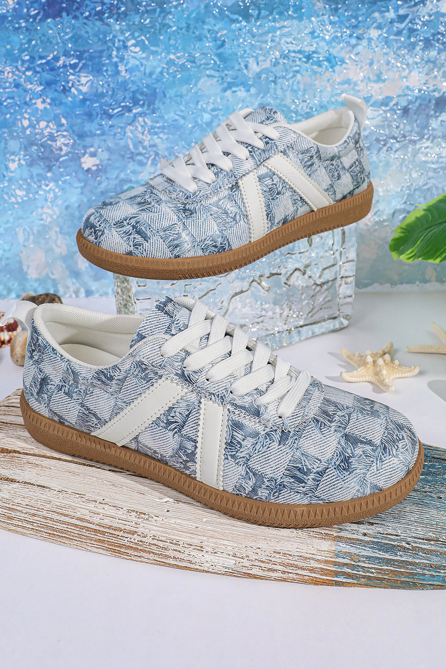 Ashleigh Blue Stylish Denim Checkered Print Lace Up Flat Shoes