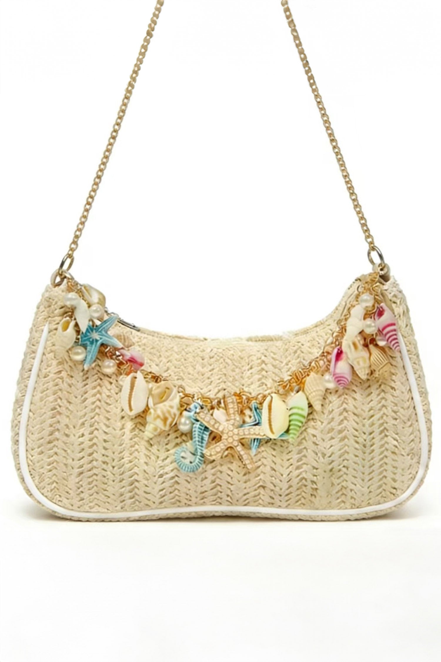 Khaki Boho Woven Shell Charm Detail Bag Metal Chain Bag