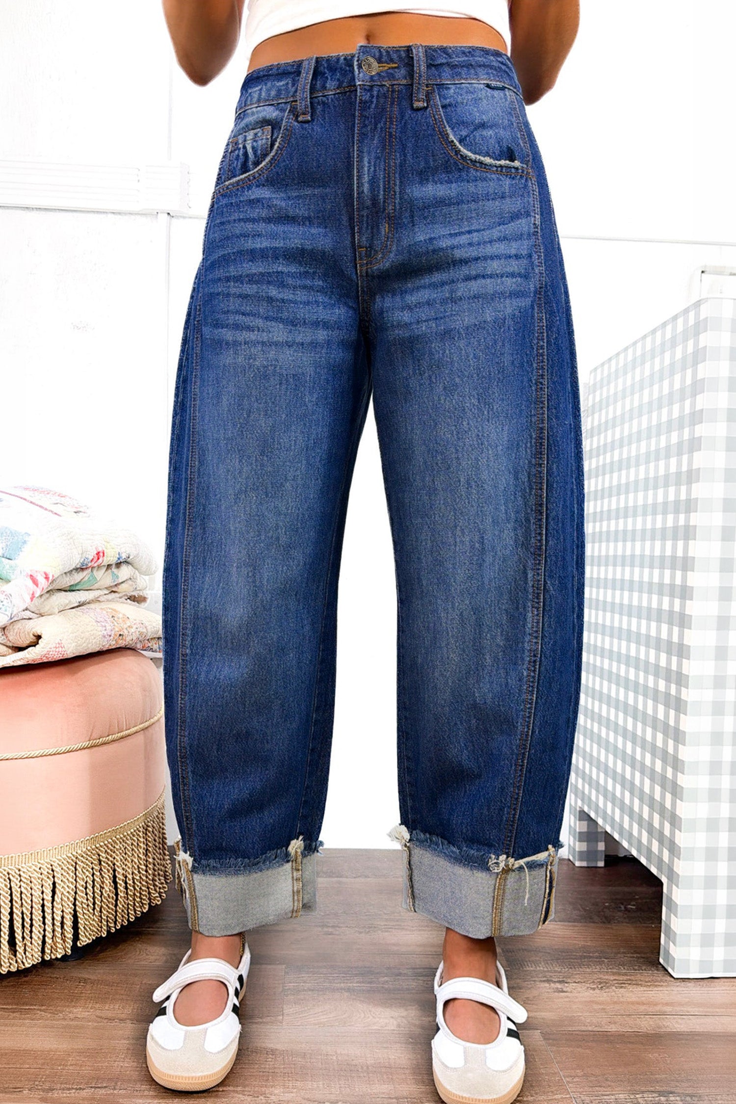 Sail Blue Raw Hem Turnup Loose Ankle-length Jeans