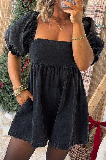 Black Denim Square Neck Smocked Short Puff Sleeve Flared Romper