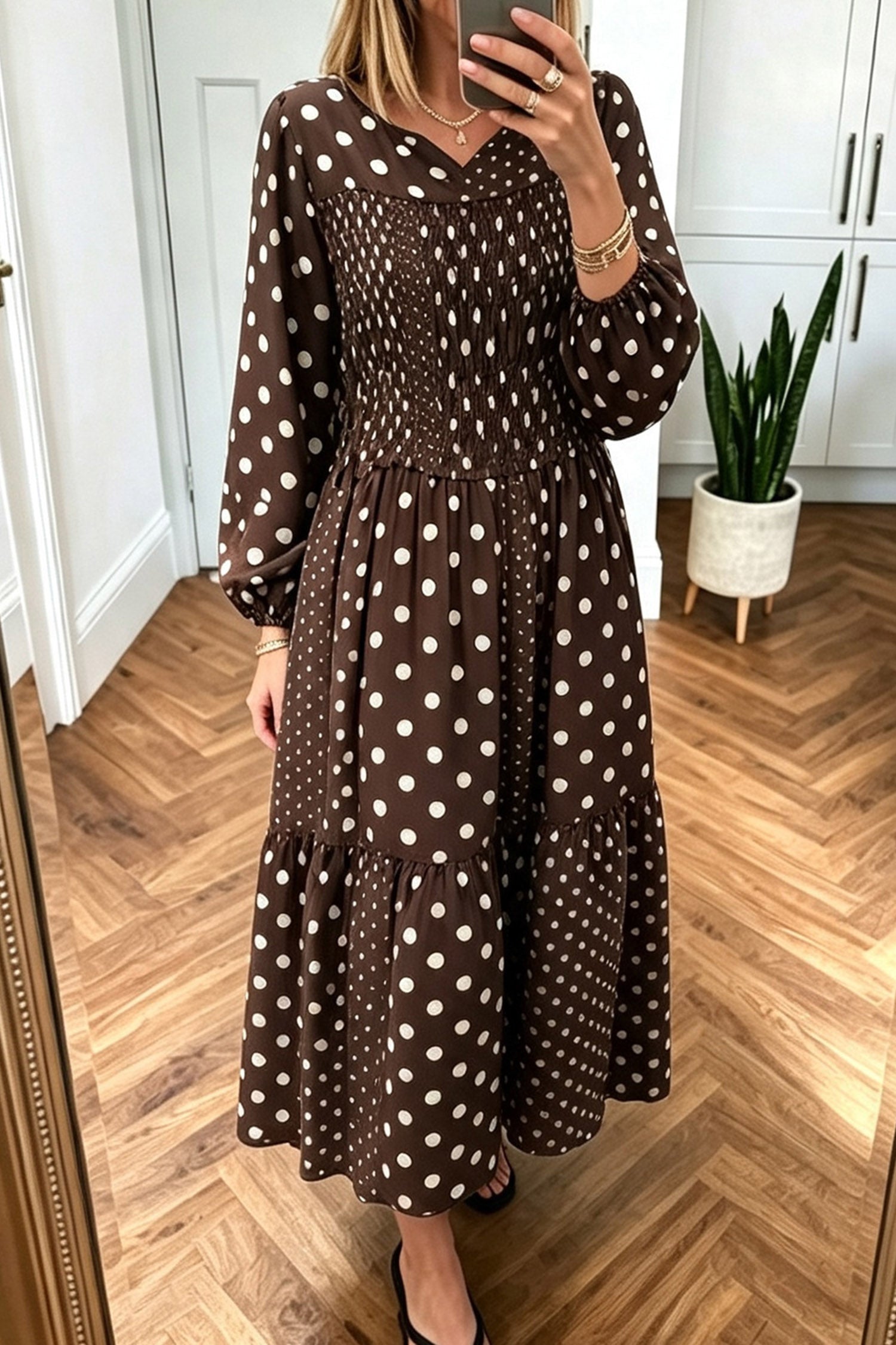 Brown Polka Dot Contrast Patchwork Long Sleeve Shift Dress
