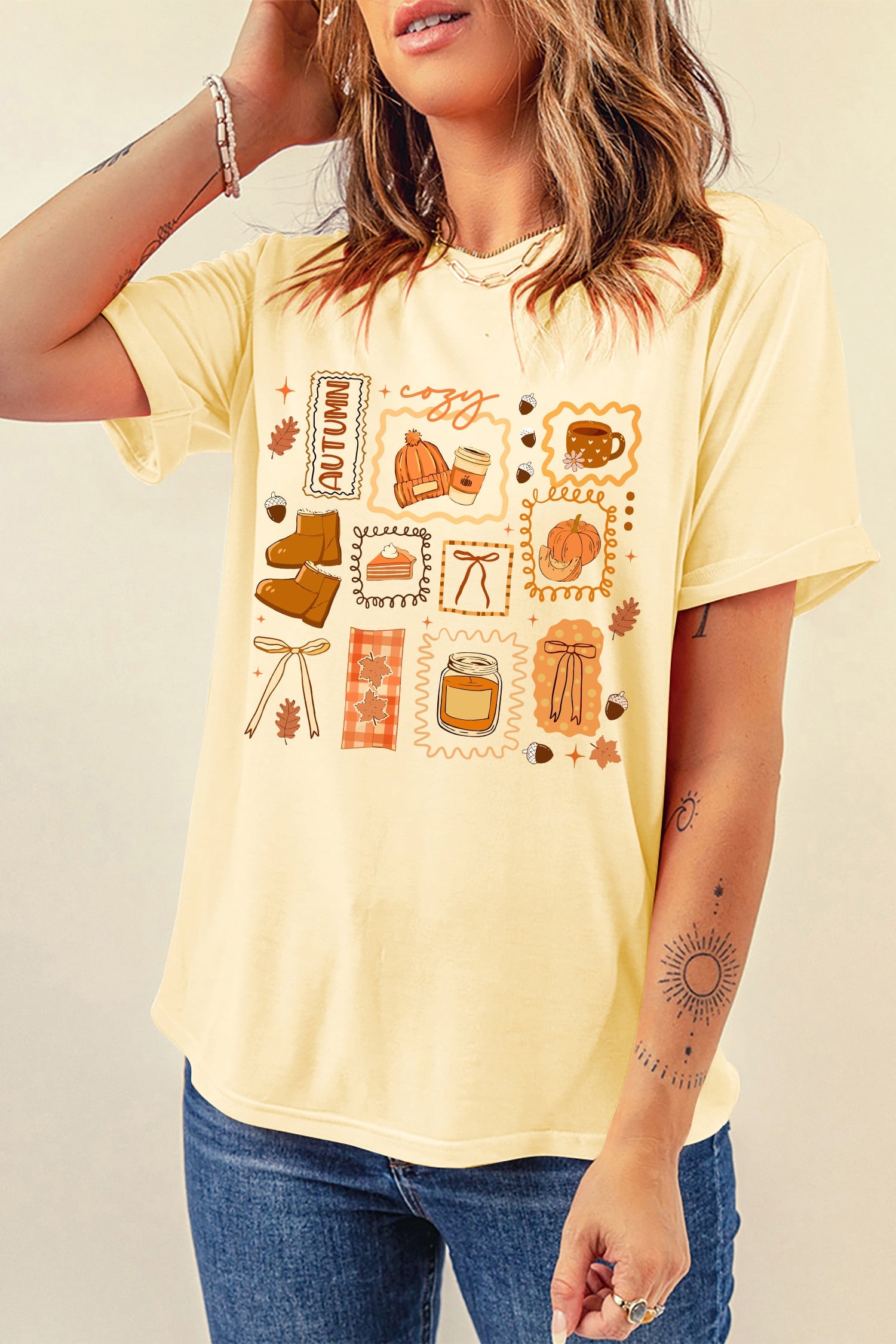 Yellow Cream Cozy Autumn Graphic Round Neck Relaxed T-Shirt