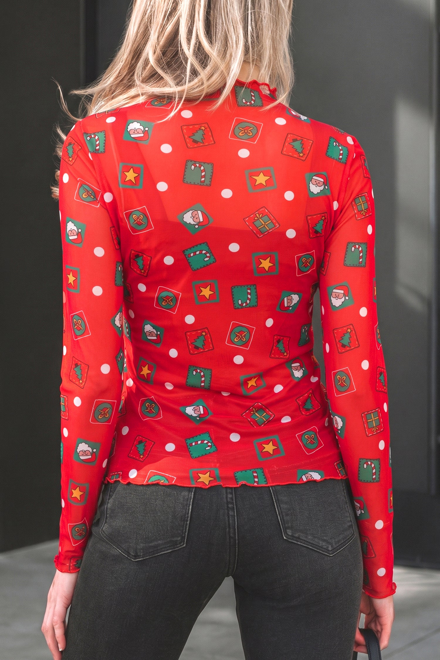Fiery Red Christmas Elements Printed Long Sleeve Sheer Mesh Top