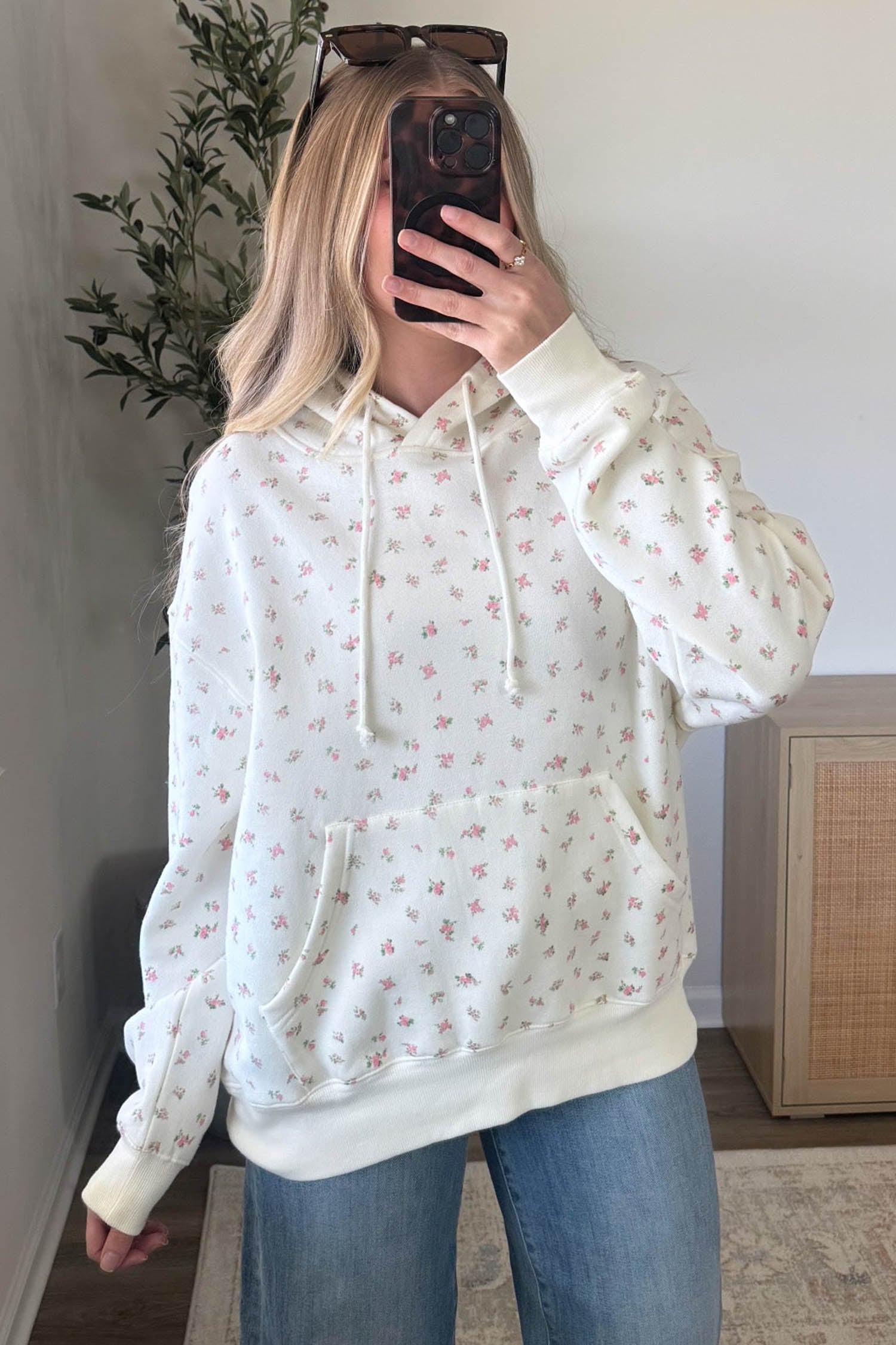 White Floral Print Ribbing Drawstring Hem Long Sleeve Hoodie