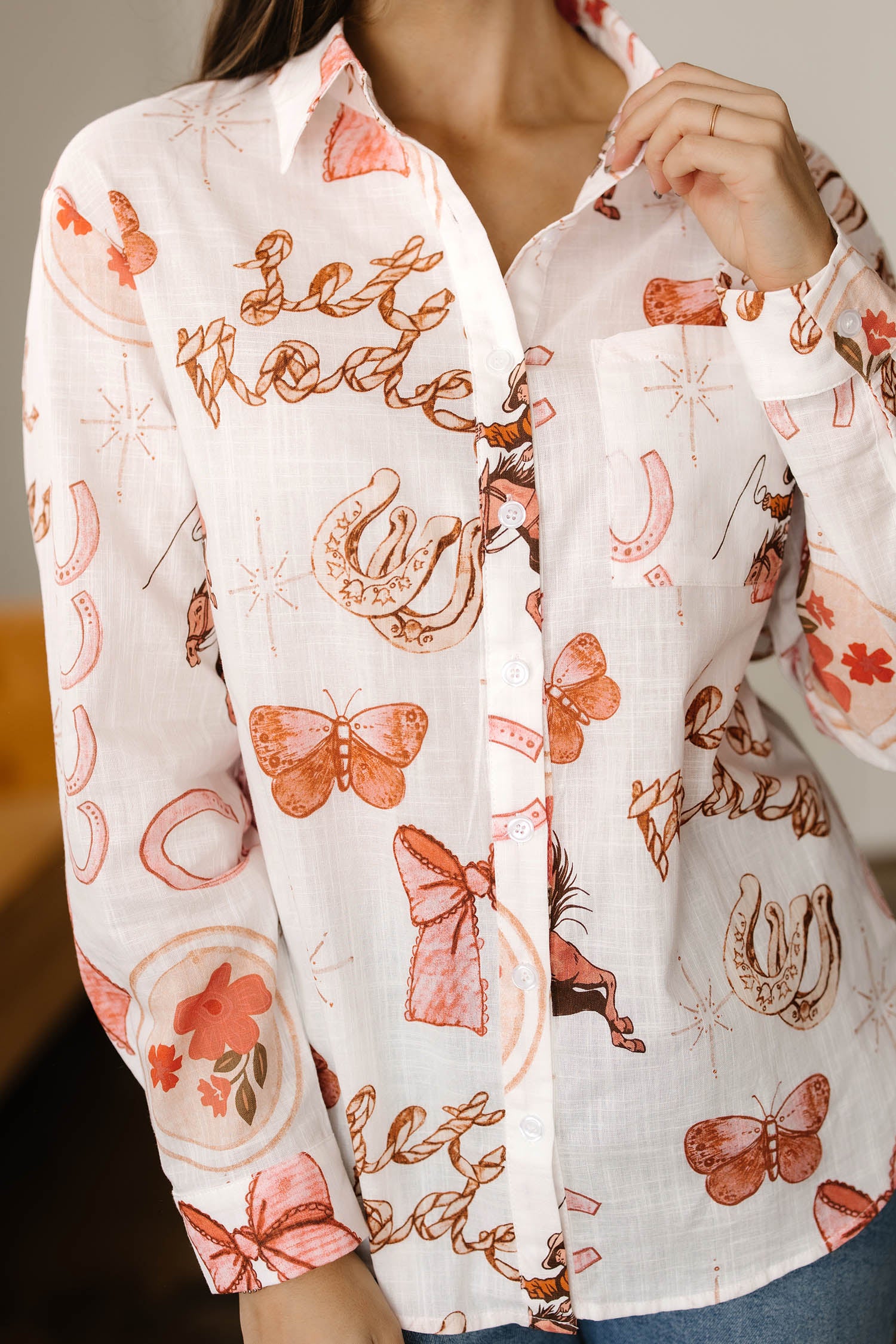 White Rodeo Cowgirl Print Western Button up Shirt