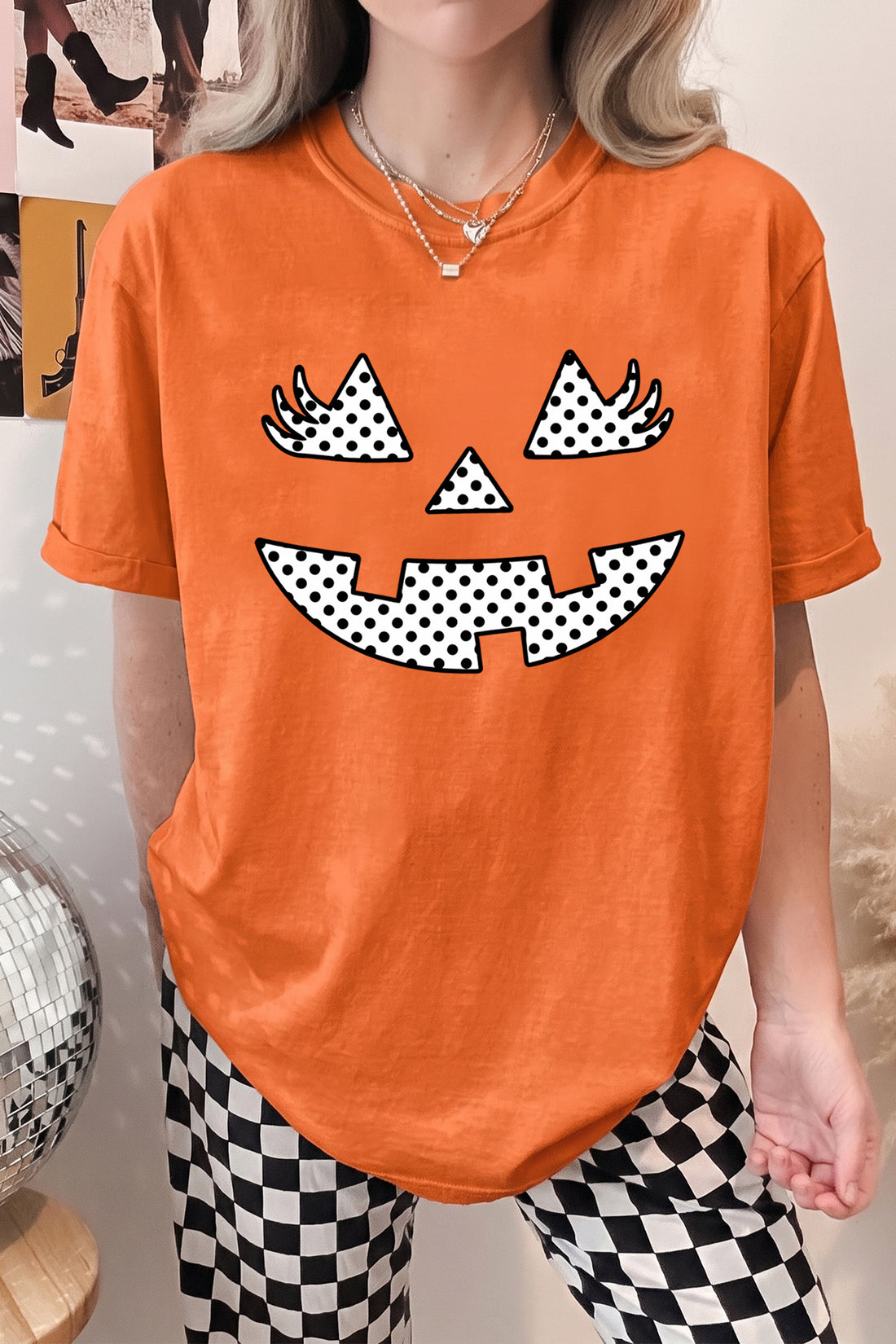 Orange Polka Dot Pumpkin Face Graphic Halloween Round Neck T Shirt