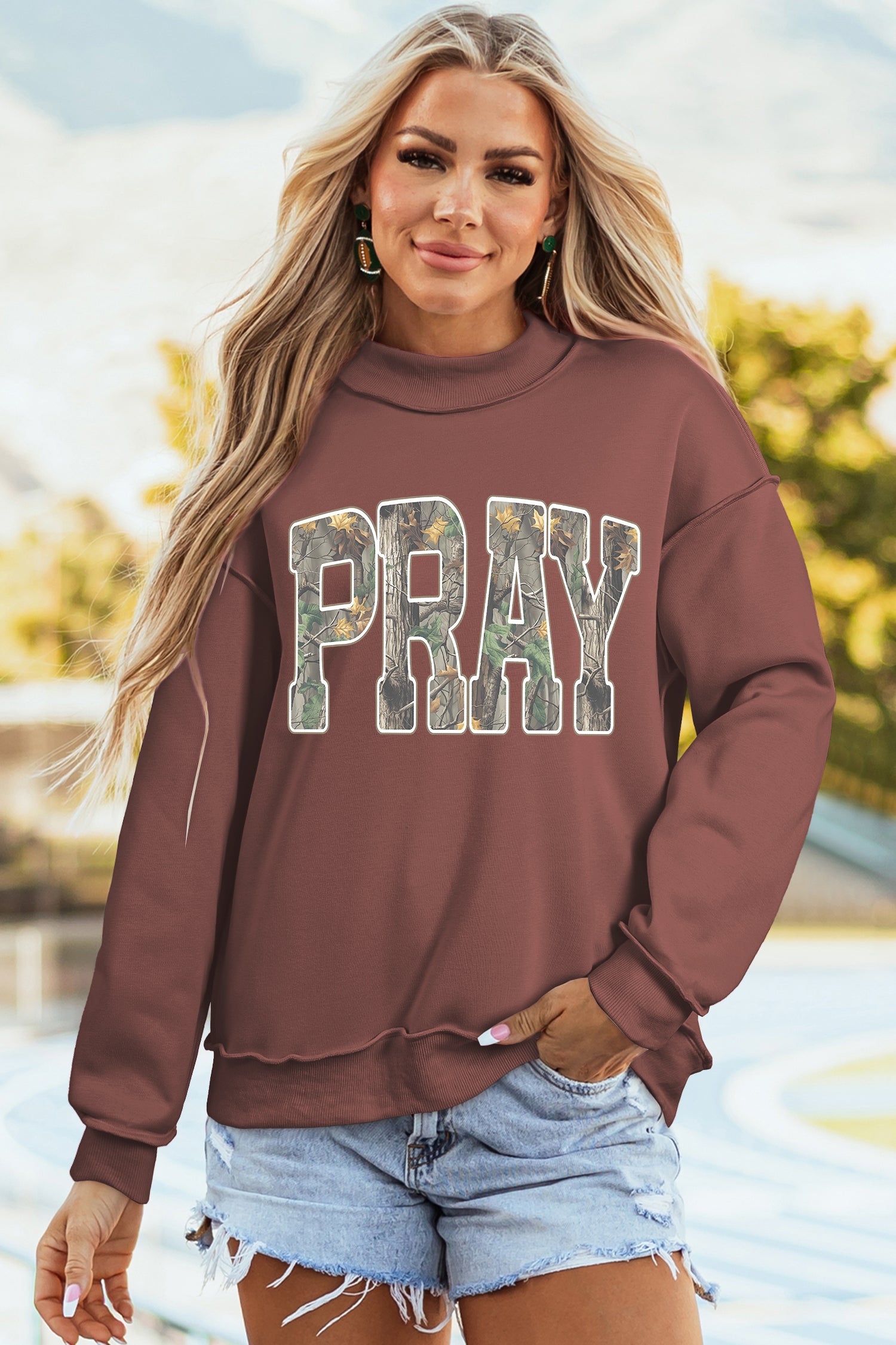 Coffee Mock Neck Camo PRAY Graphic Sweatshirt