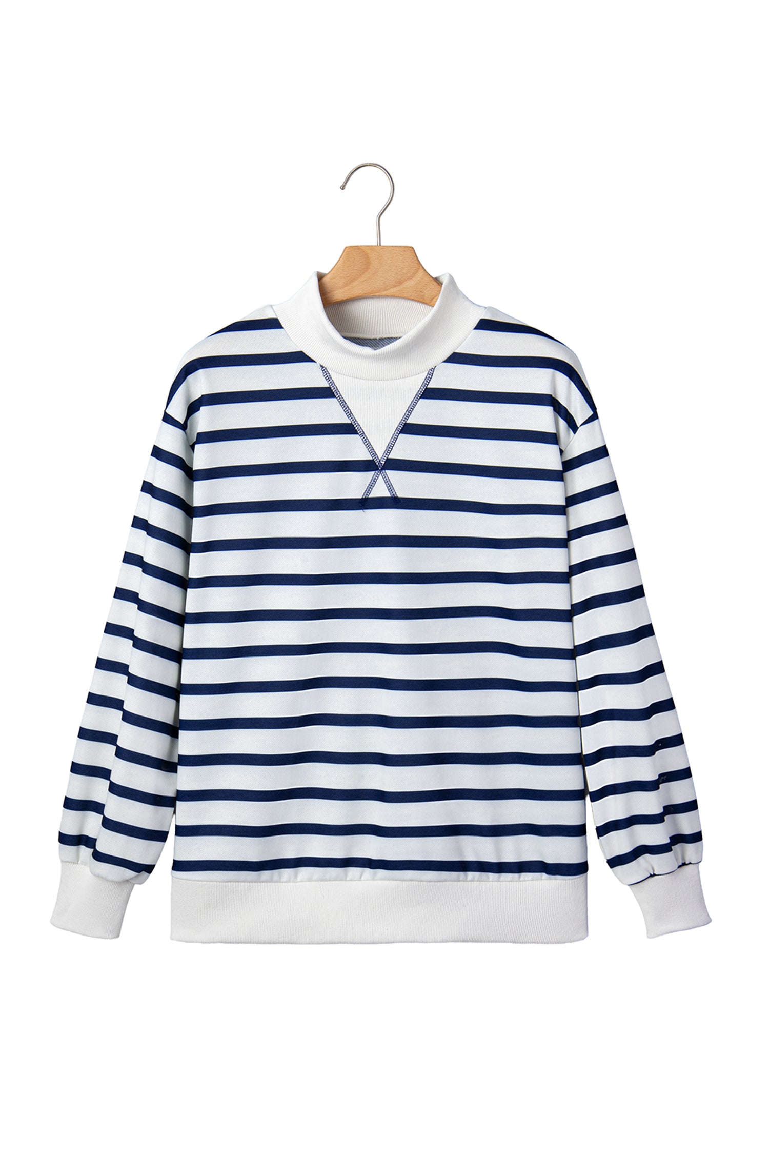 Blue Stripe Striped Stand Neck Long Sleeve Ribbed Cuff Hem Sweatshirt