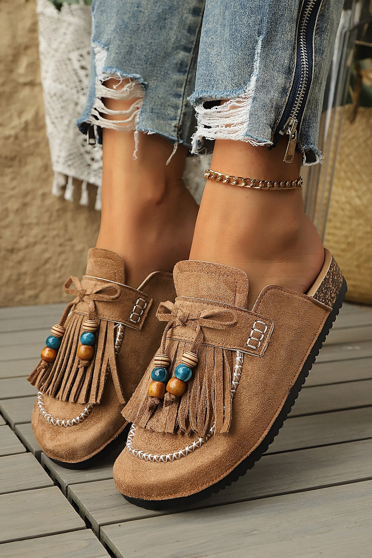 Chestnut Boho Bow Fringed Faux Suede Slip-on Loafers Square Toe Casual Slippers