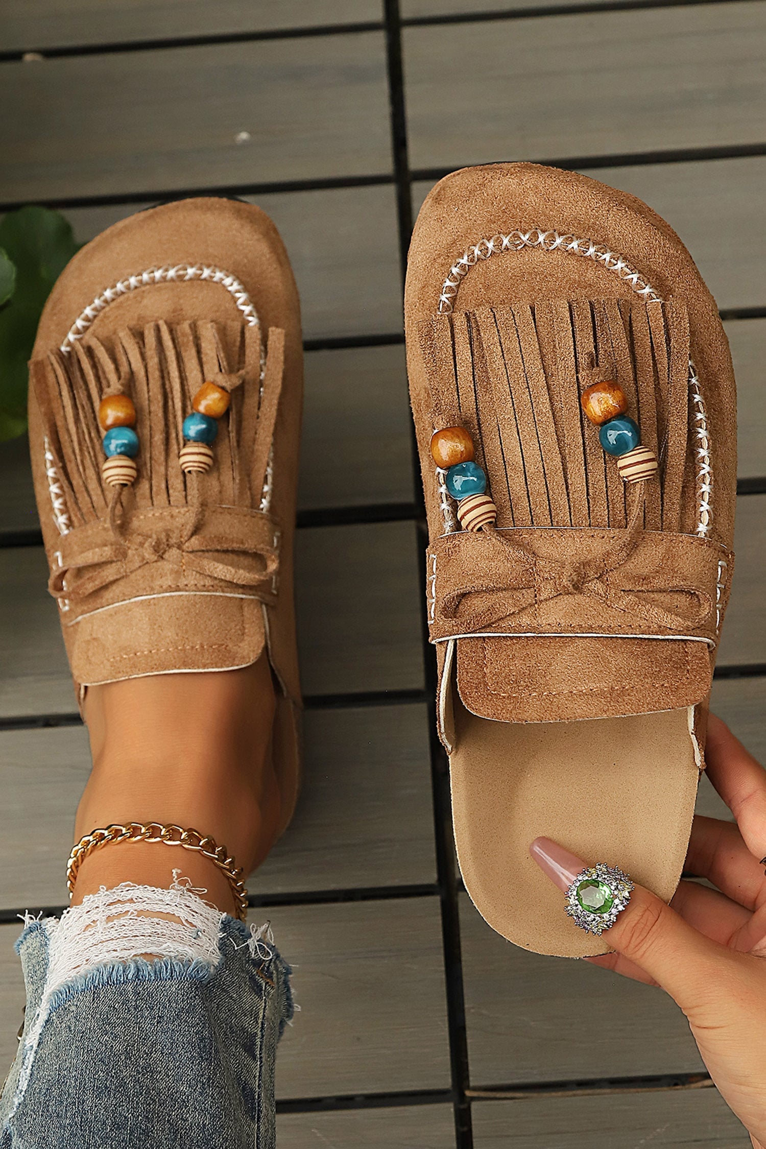 Chestnut Boho Bow Fringed Faux Suede Slip-on Loafers Square Toe Casual Slippers
