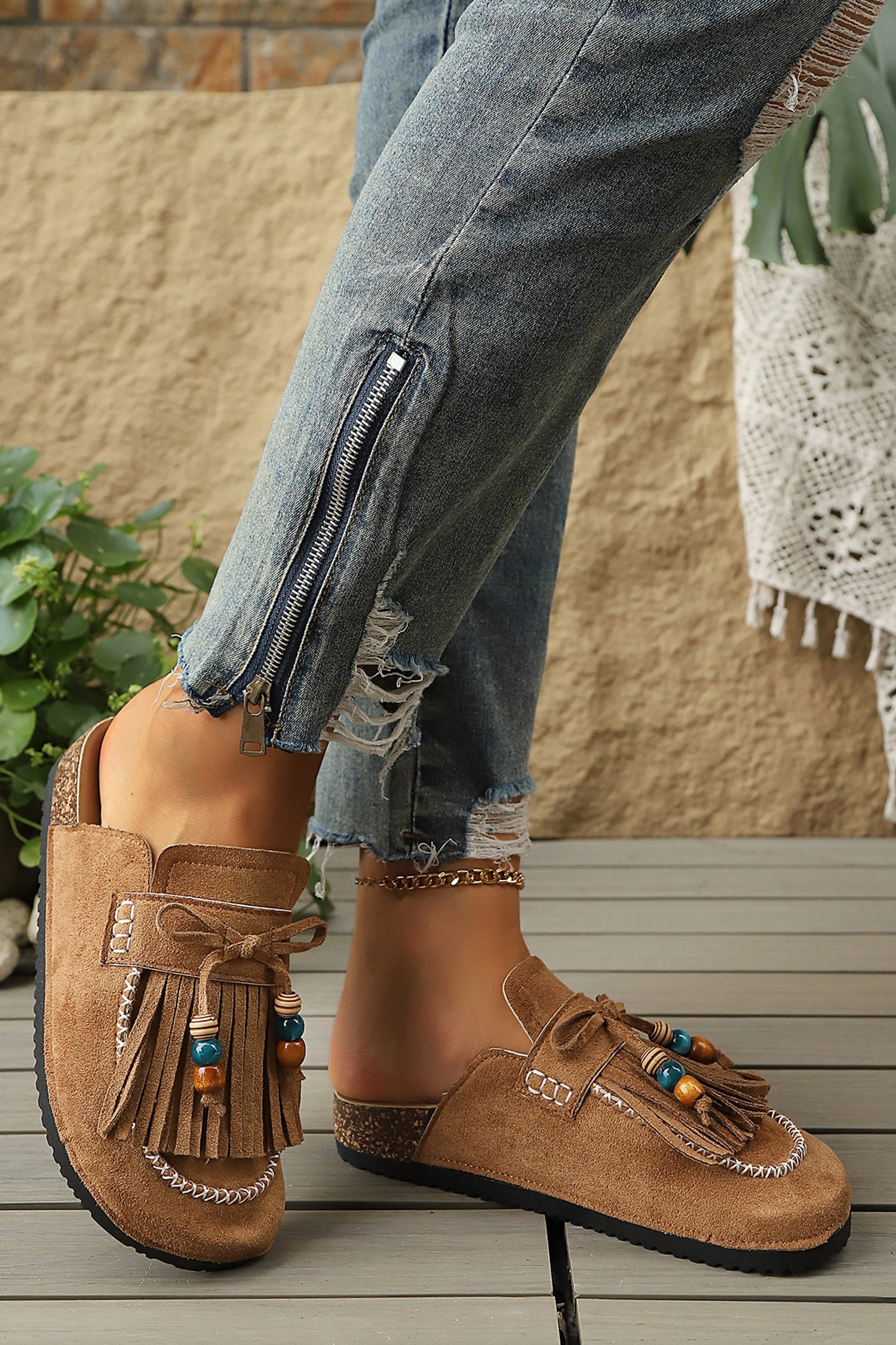 Chestnut Boho Bow Fringed Faux Suede Slip-on Loafers Square Toe Casual Slippers