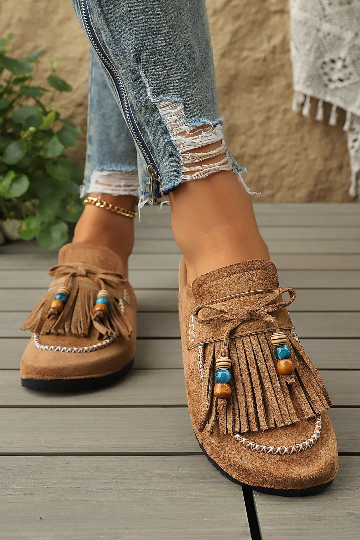 Chestnut Boho Bow Fringed Faux Suede Slip-on Loafers Square Toe Casual Slippers