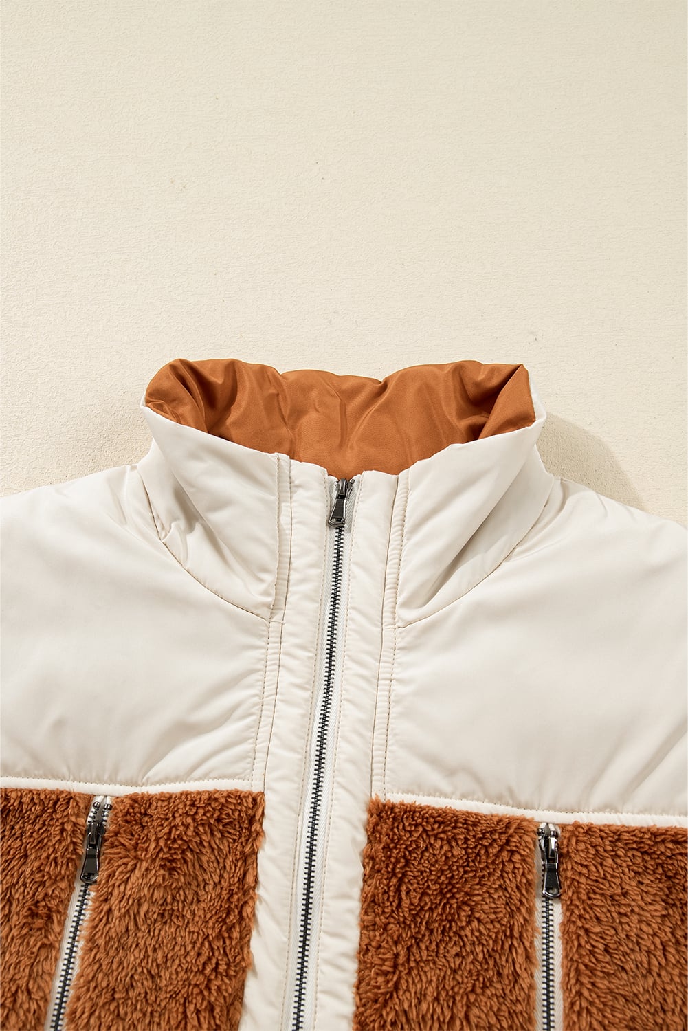 Chestnut Color Block Plush Patchwork Zipper Stand Neck Vest