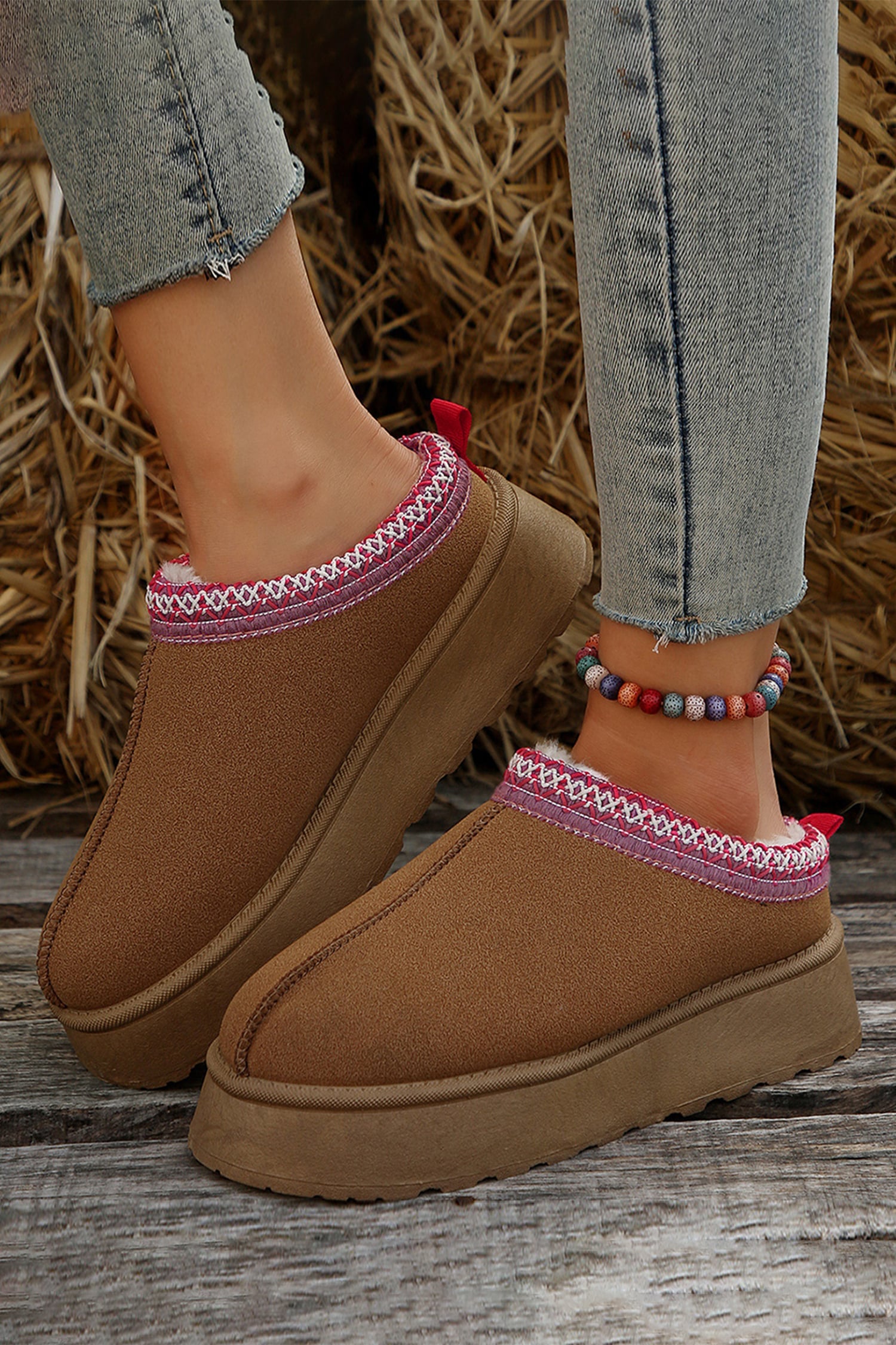 Chestnut Faux Suede Embroidered Detail Plush Lined Platform Slippers