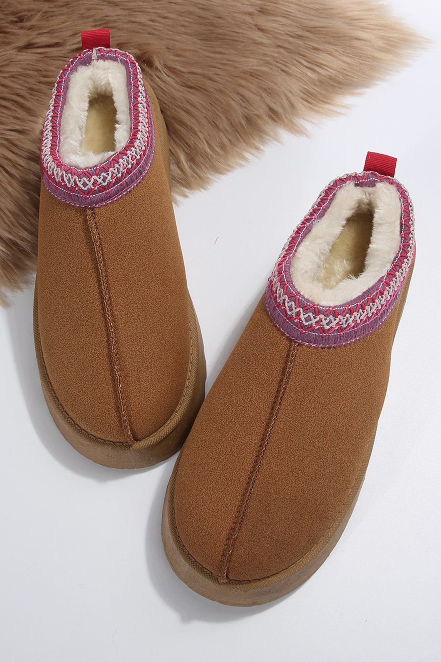 Chestnut Faux Suede Embroidered Detail Plush Lined Platform Slippers