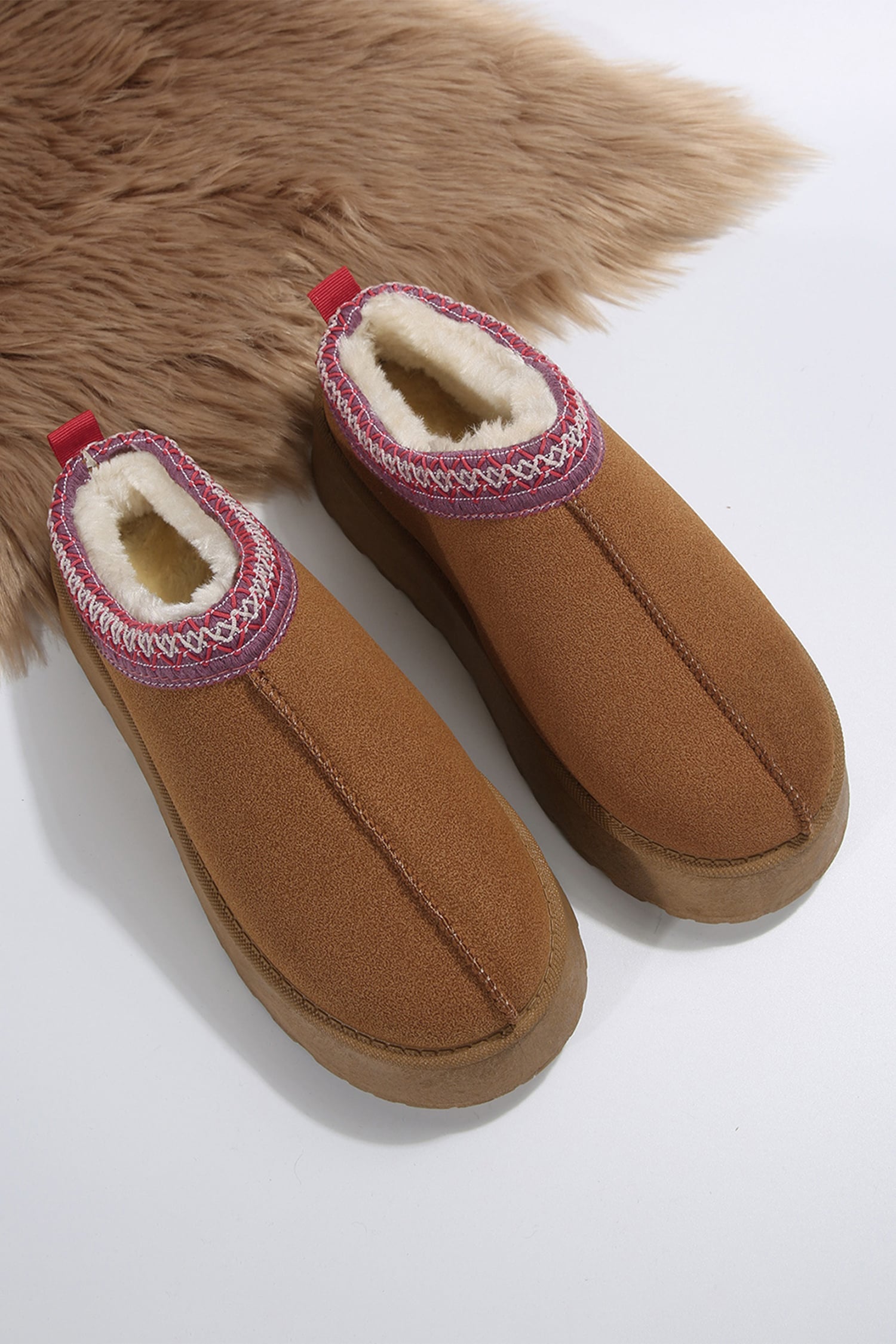 Chestnut Faux Suede Embroidered Detail Plush Lined Platform Slippers