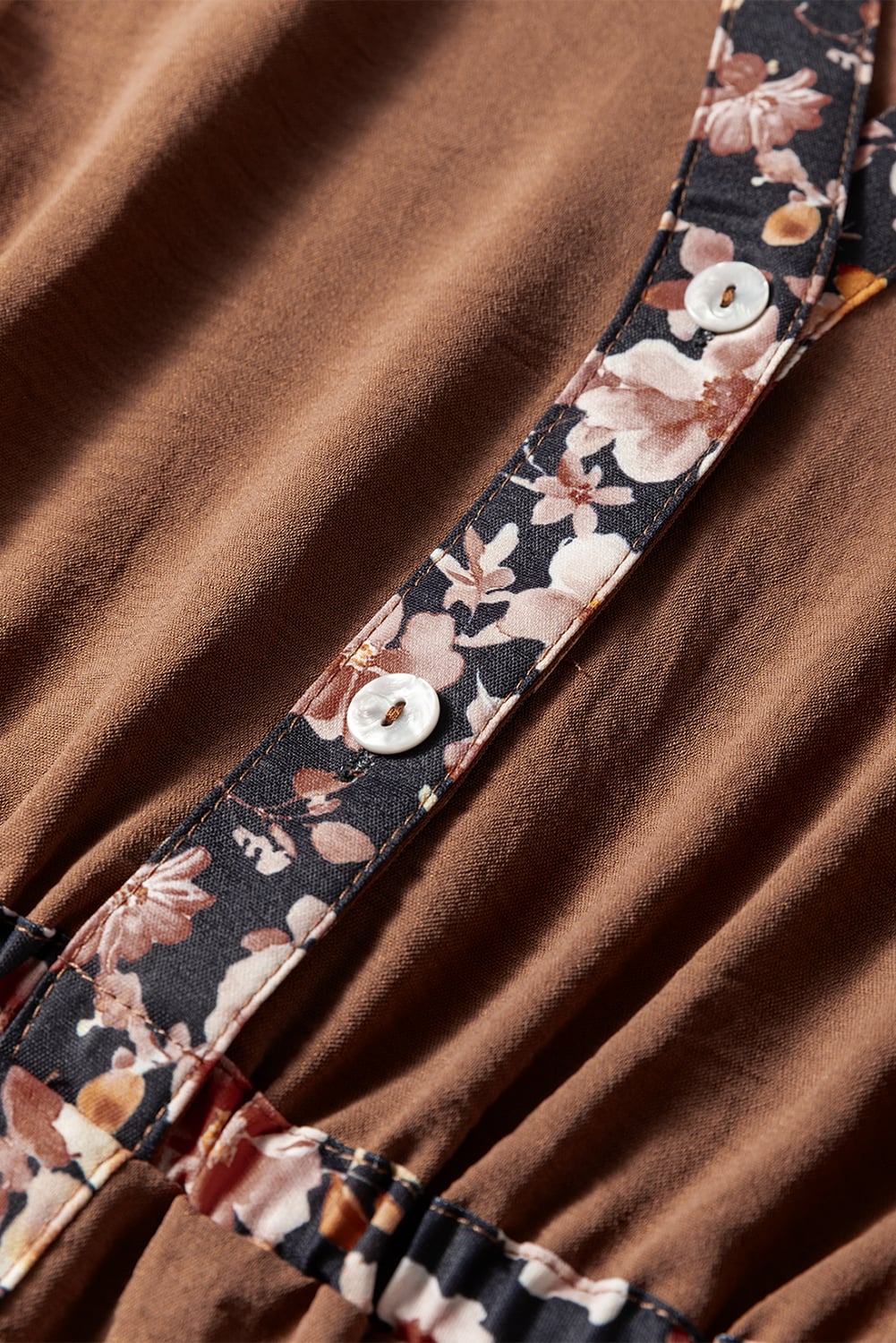Chestnut Floral Patchwork Detail Notched Neck Long Sleeve Maxi Dress