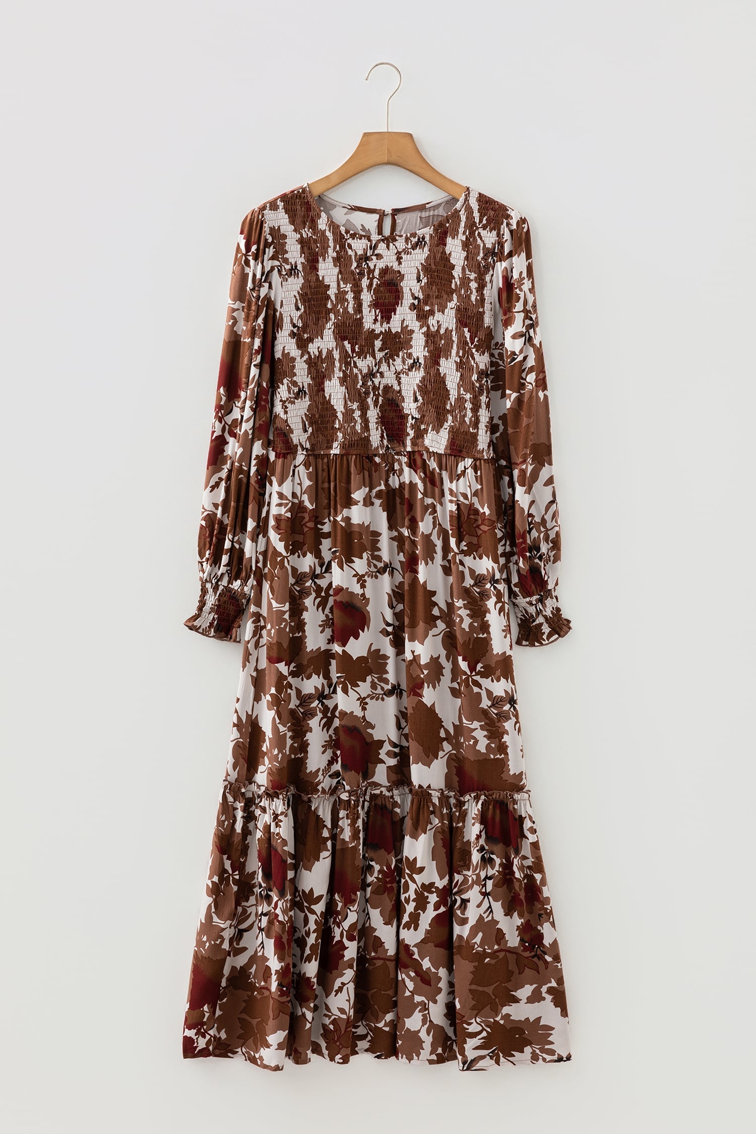 Chestnut Floral Puff Sleeve Smocked Bodice Ruffled Long Dress