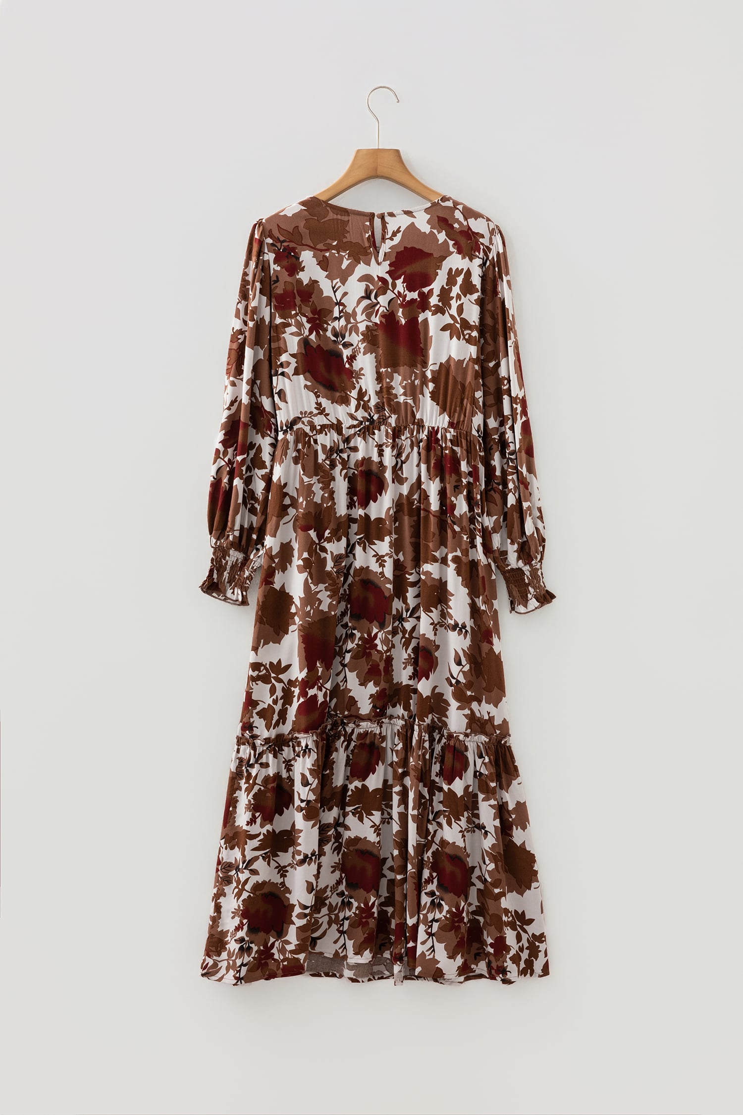 Chestnut Floral Puff Sleeve Smocked Bodice Ruffled Long Dress