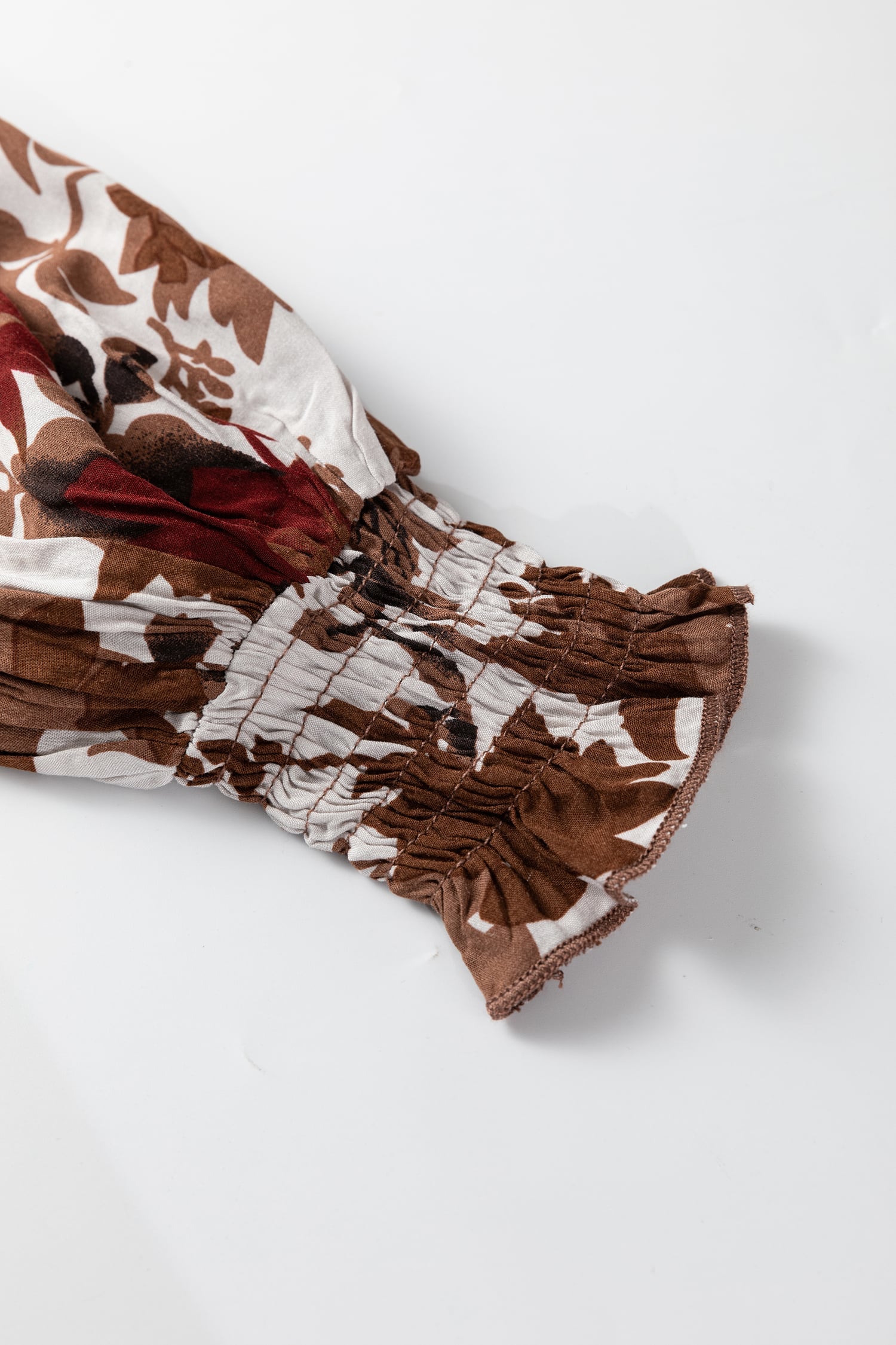 Chestnut Floral Puff Sleeve Smocked Bodice Ruffled Long Dress