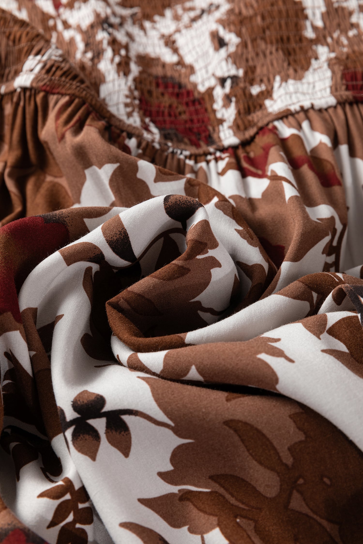 Chestnut Floral Puff Sleeve Smocked Bodice Ruffled Long Dress