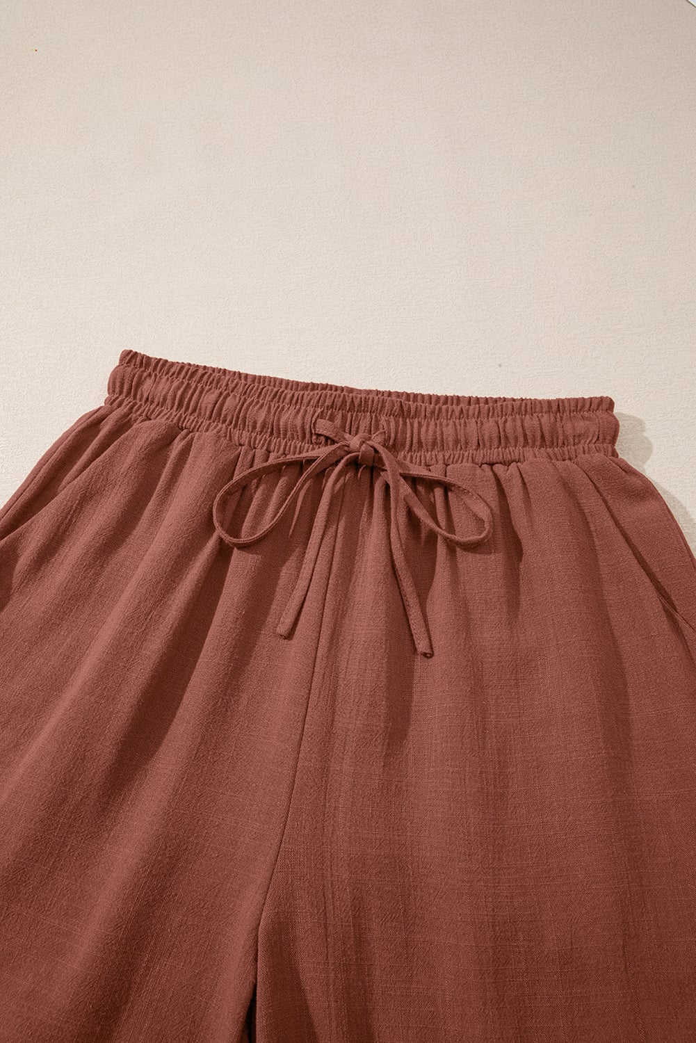 Chestnut Lace Splicing Drawstring Elastic Waist Loose Linen Shorts