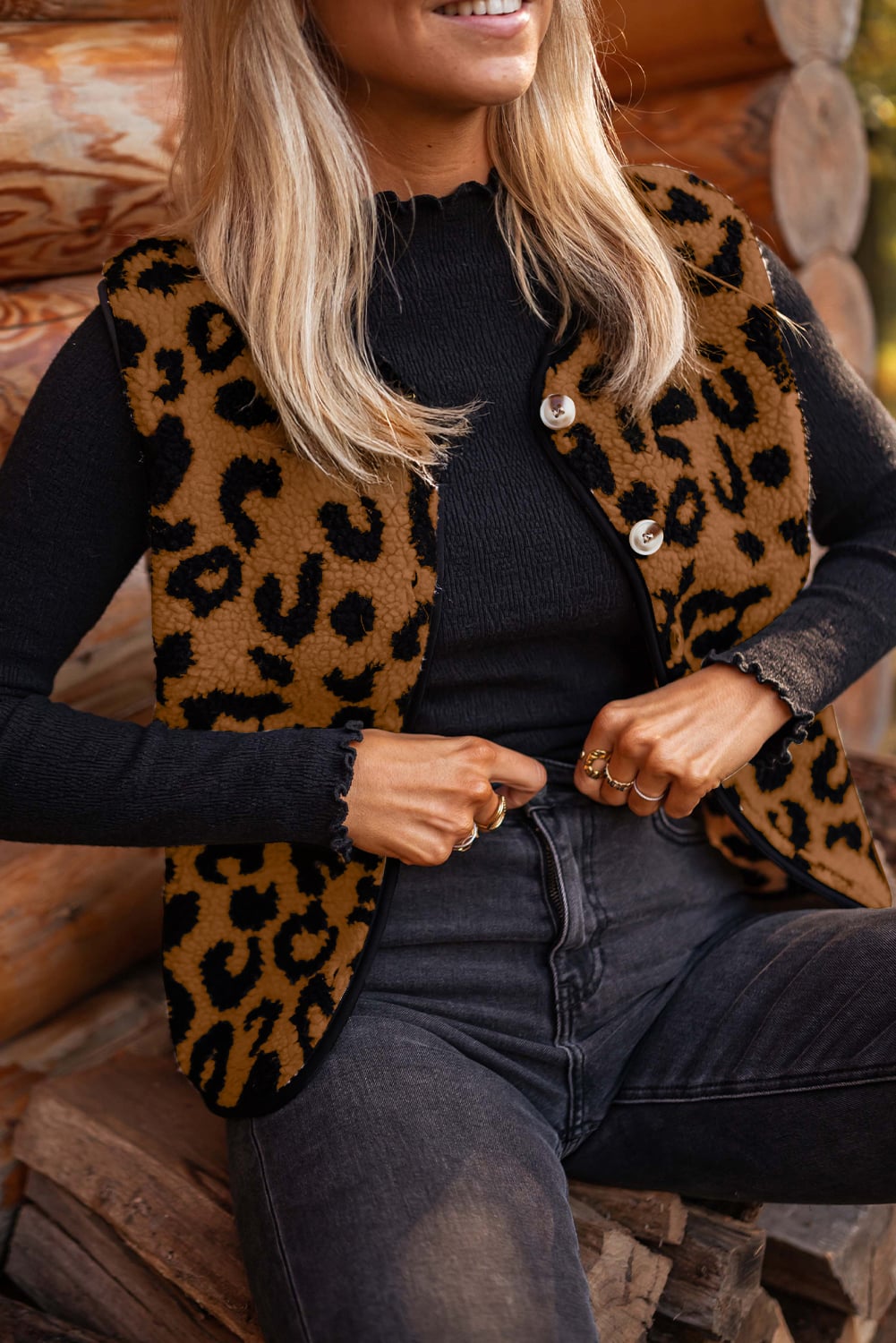 Chestnut Leopard Print Sherpa Vest Coat