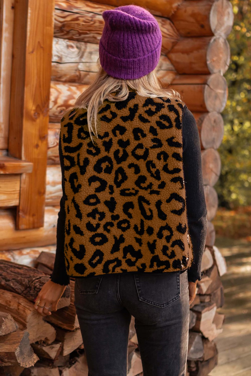 Chestnut Leopard Print Sherpa Vest Coat