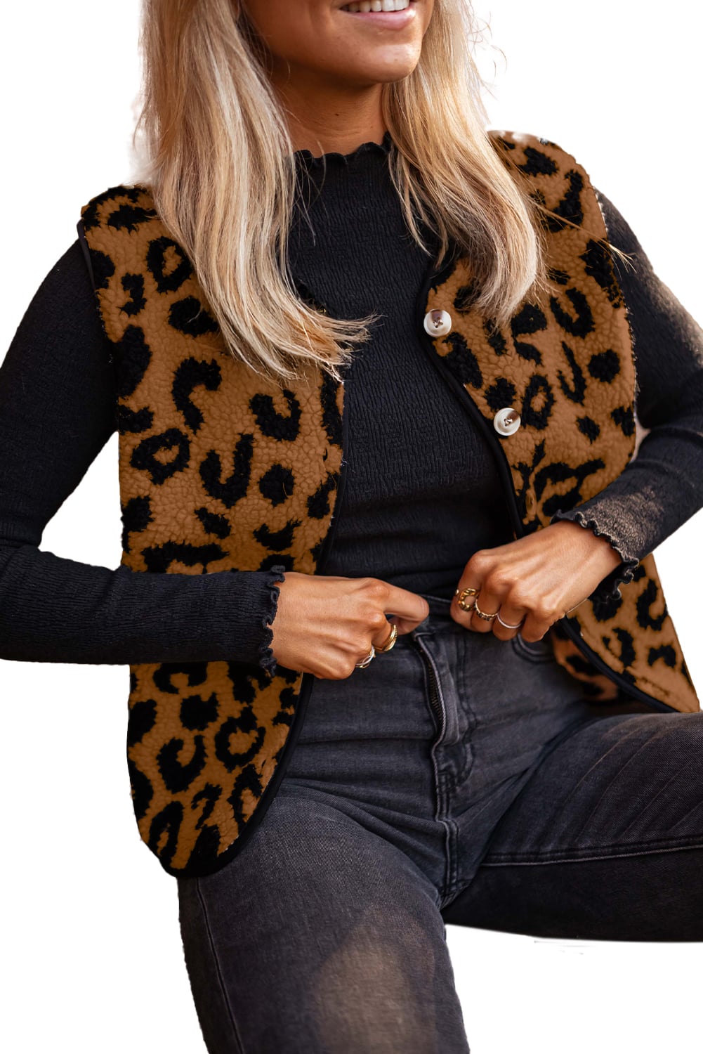 Chestnut Leopard Print Sherpa Vest Coat