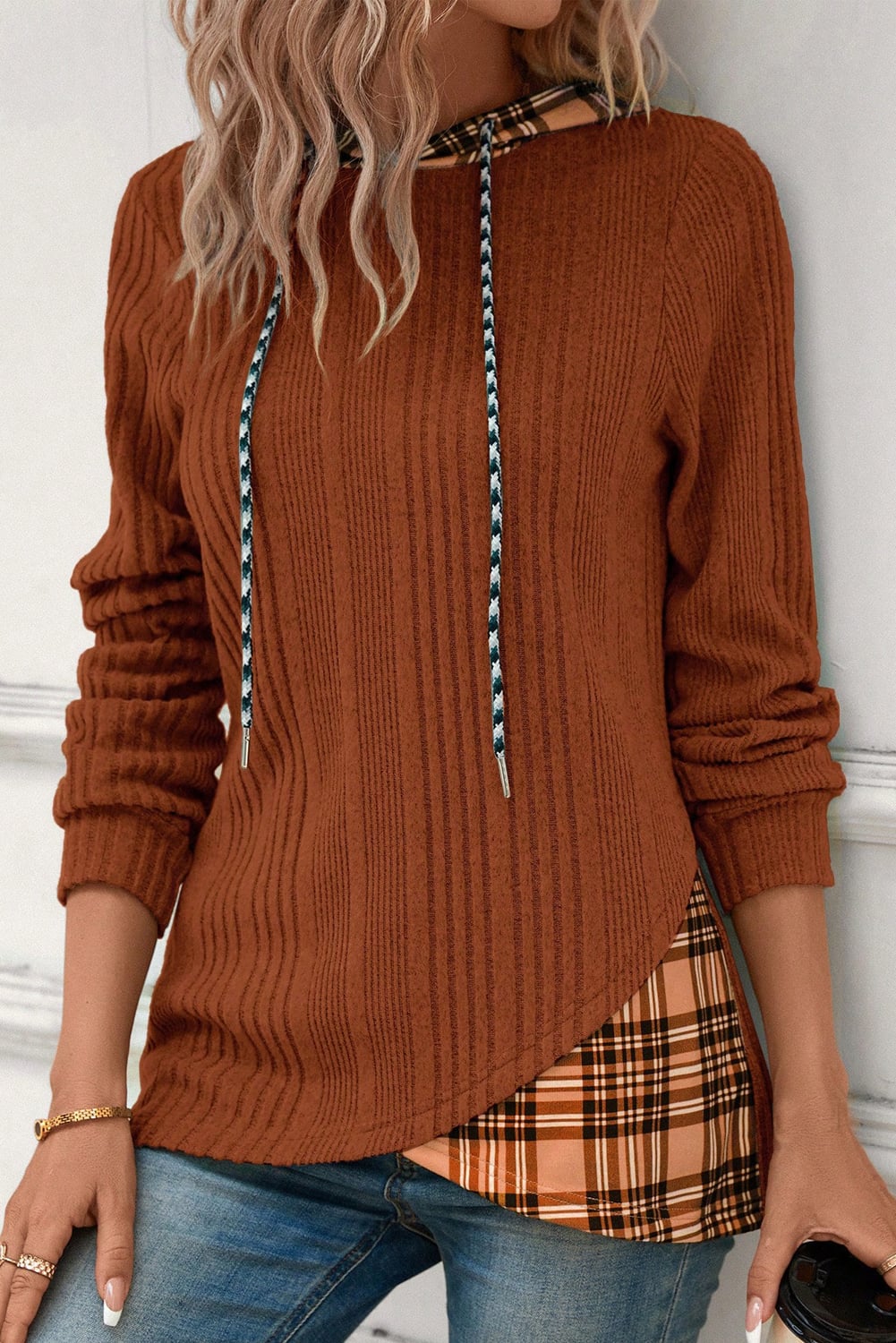 Chestnut Plaid Patchwork Ribbed Knit Drawstring Hooded Top