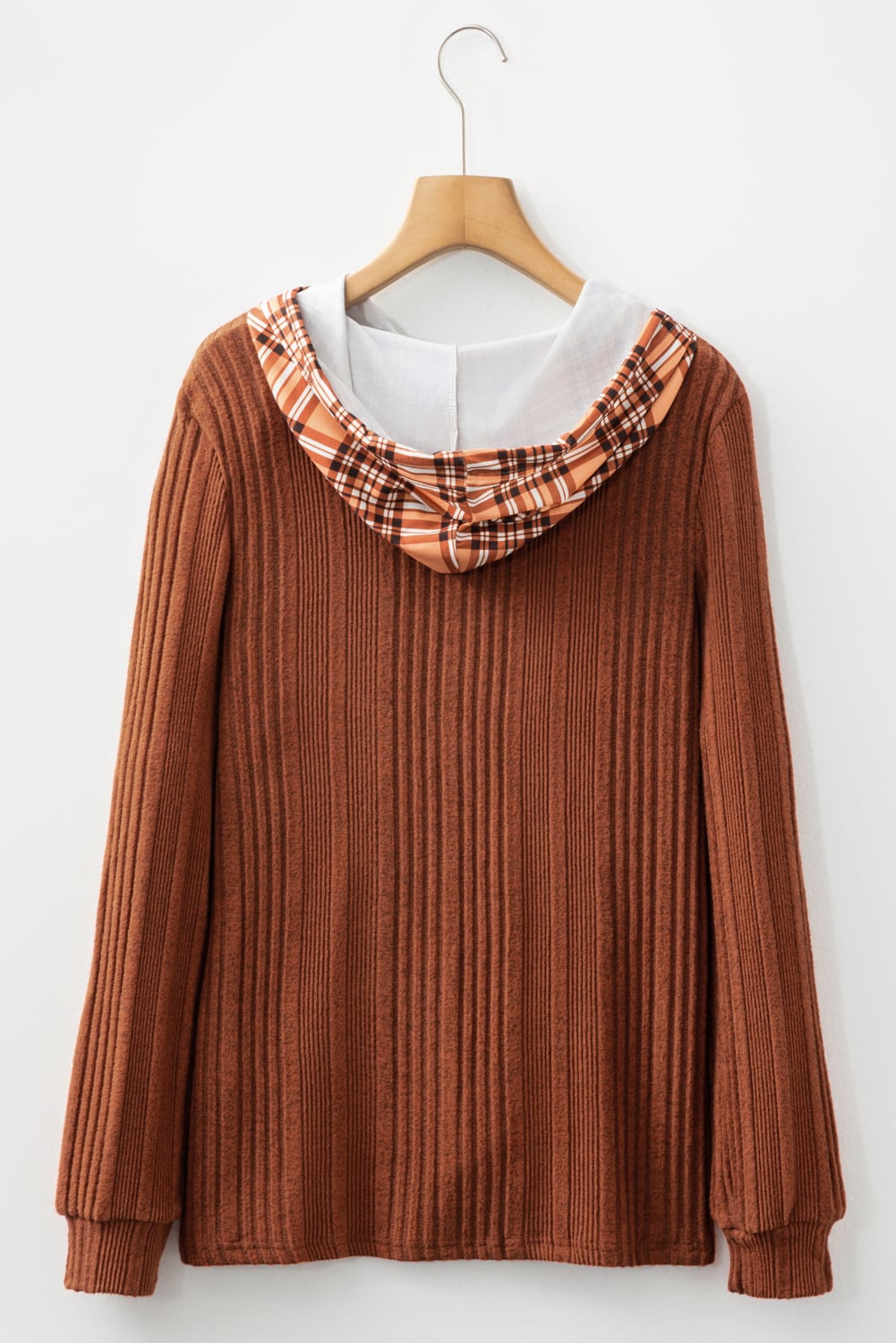 Chestnut Plaid Patchwork Ribbed Knit Drawstring Hooded Top