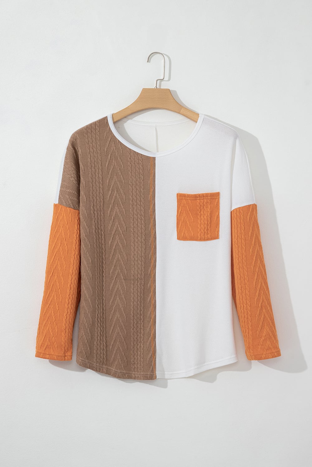 Chestnut Plus Size Color Block Textured Patchwork Top with Pocket