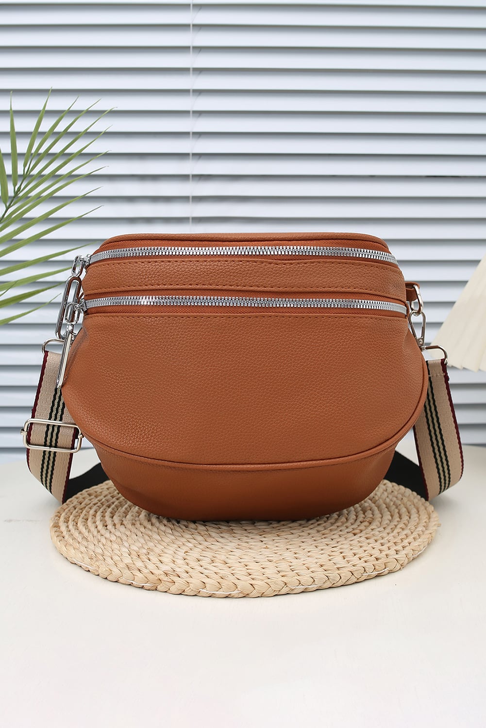 Chestnut PU Leather Double Zipper Crossbody Bag