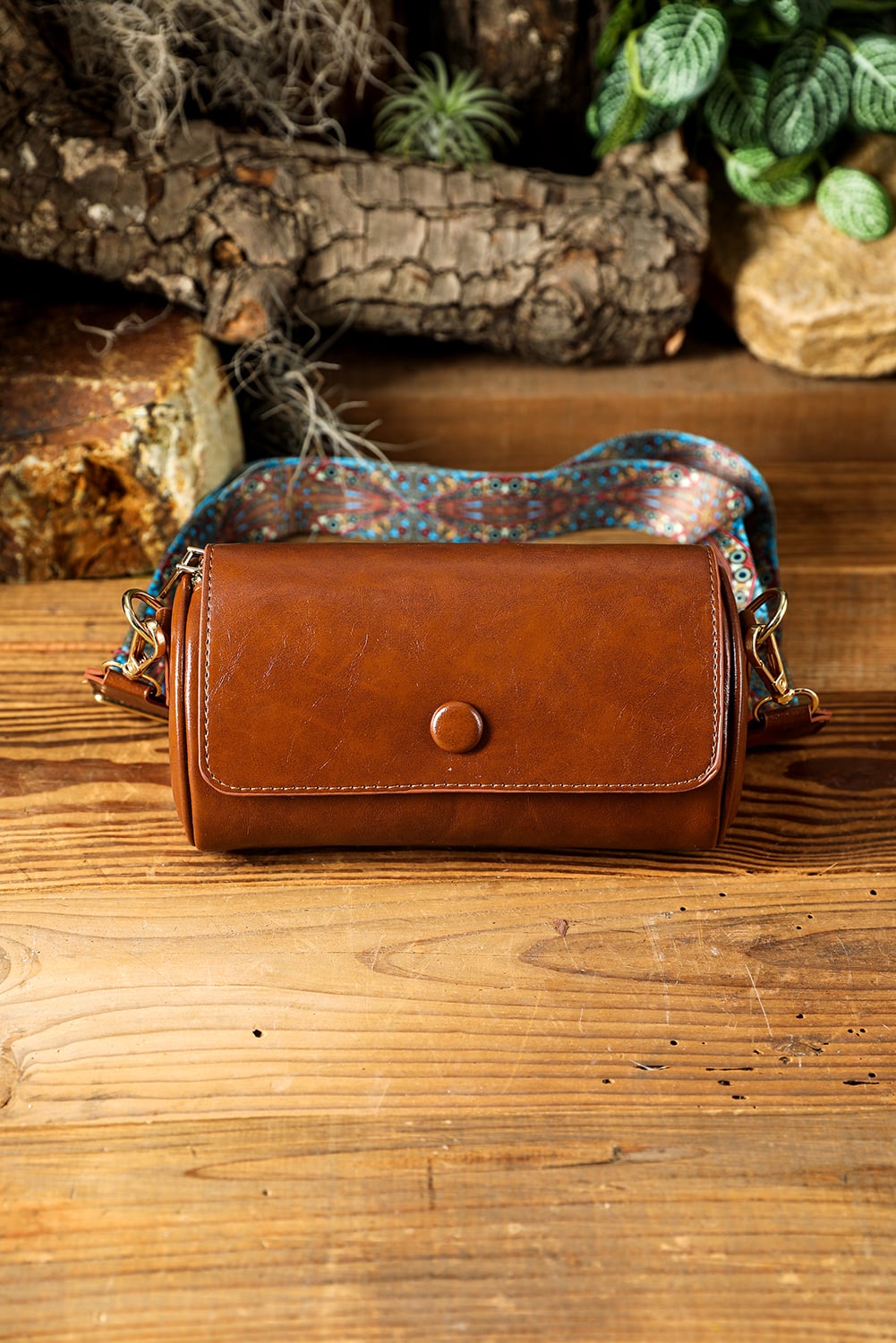 Chestnut PU Leather Flap Shoulder Bag with Retro Print Wide Strap