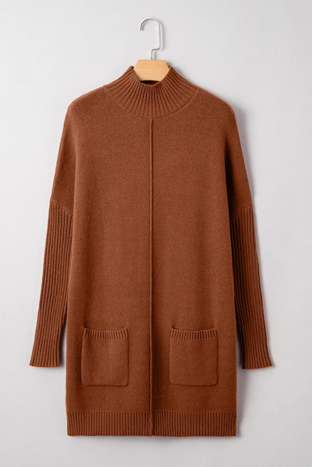 Chestnut Ribbed High Neck Front Pockets Center Seam Shift Sweater Dress