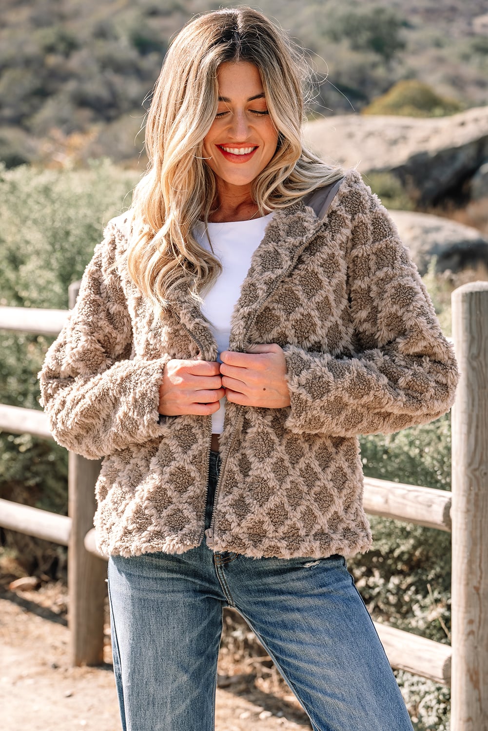 Chestnut Sherpa Rhombus Zip Up Side Pocket Hooded Jacket