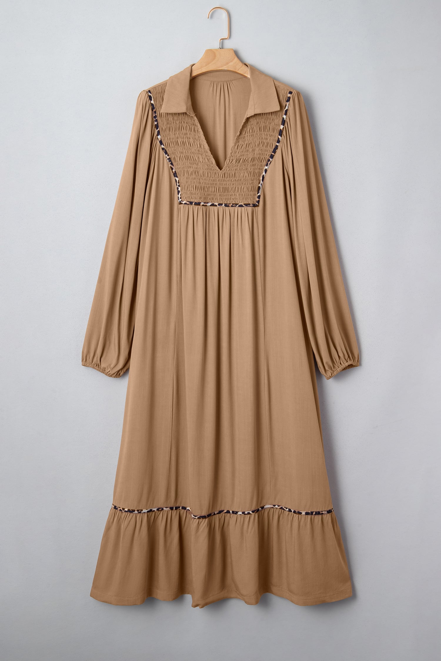 Chestnut Smocked V Neckline Leopard Piping Accent Bracelet Plus Size Long Dress