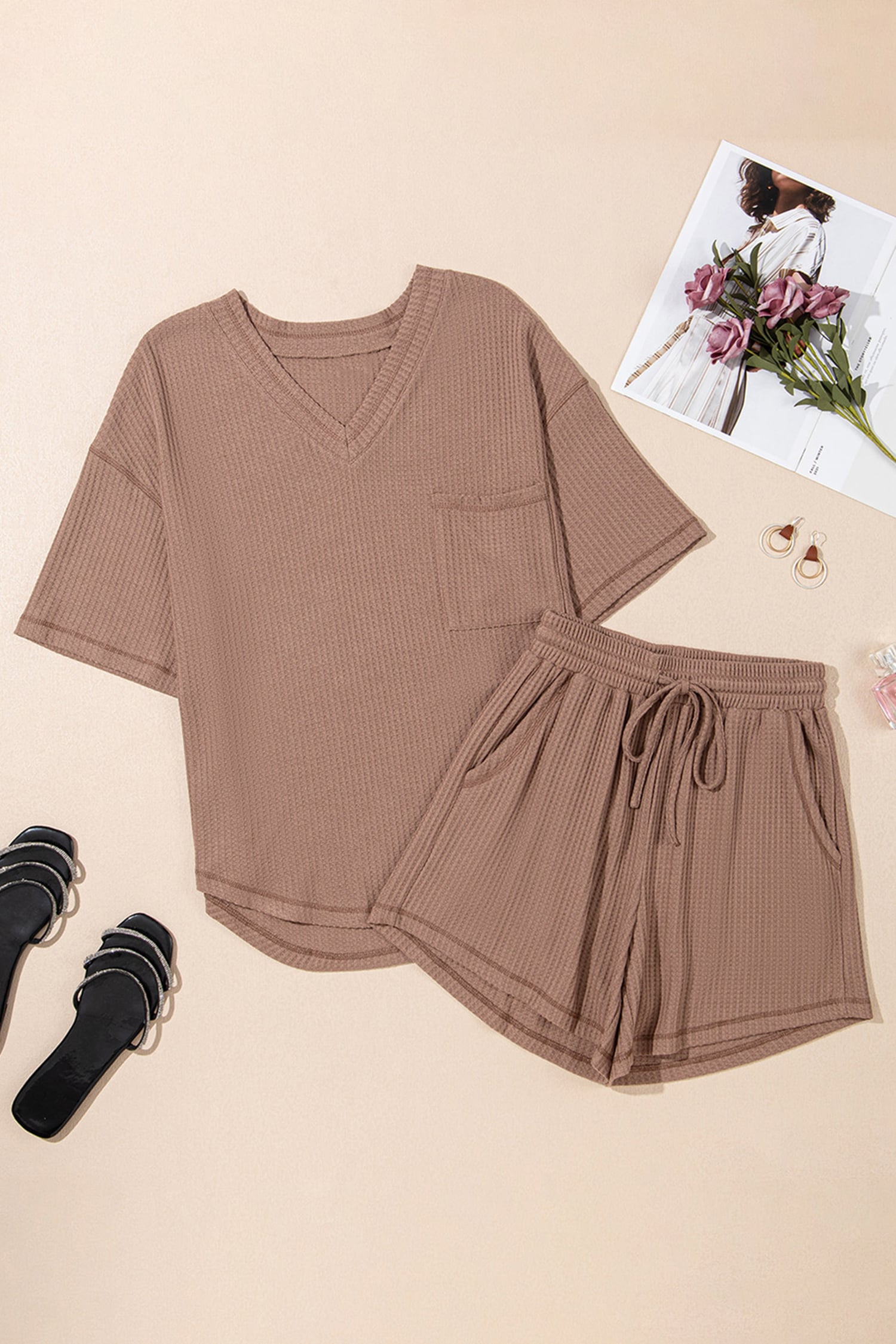 Chestnut Solid Color Waffled V Neck Loose Tee Drawstring Shorts Set