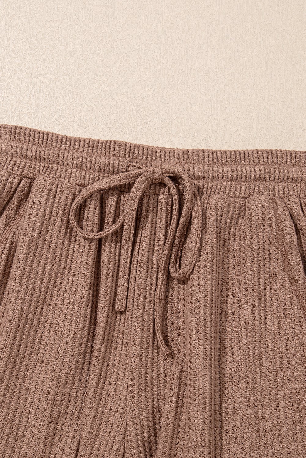 Chestnut Solid Color Waffled V Neck Loose Tee Drawstring Shorts Set
