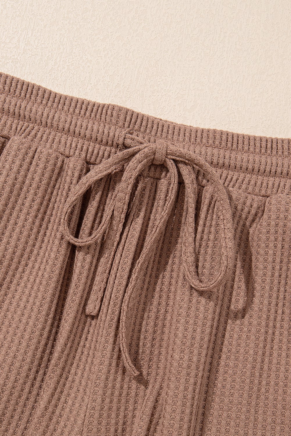 Chestnut Solid Color Waffled V Neck Loose Tee Drawstring Shorts Set