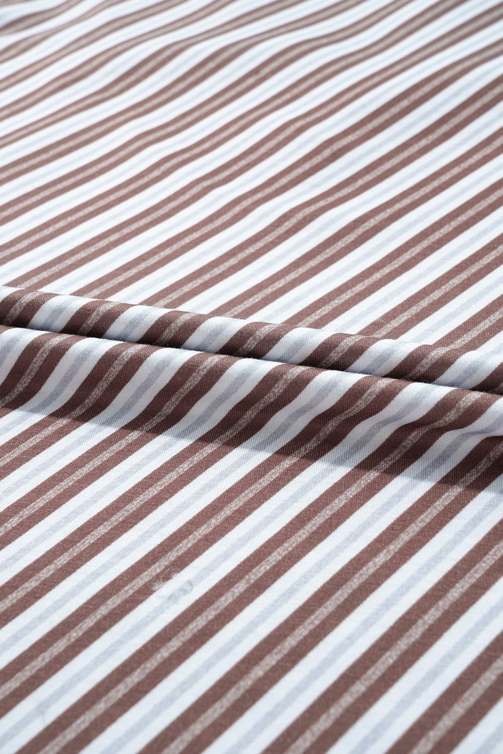 Chestnut Striped Stand V Neck Short Sleeve Blouse