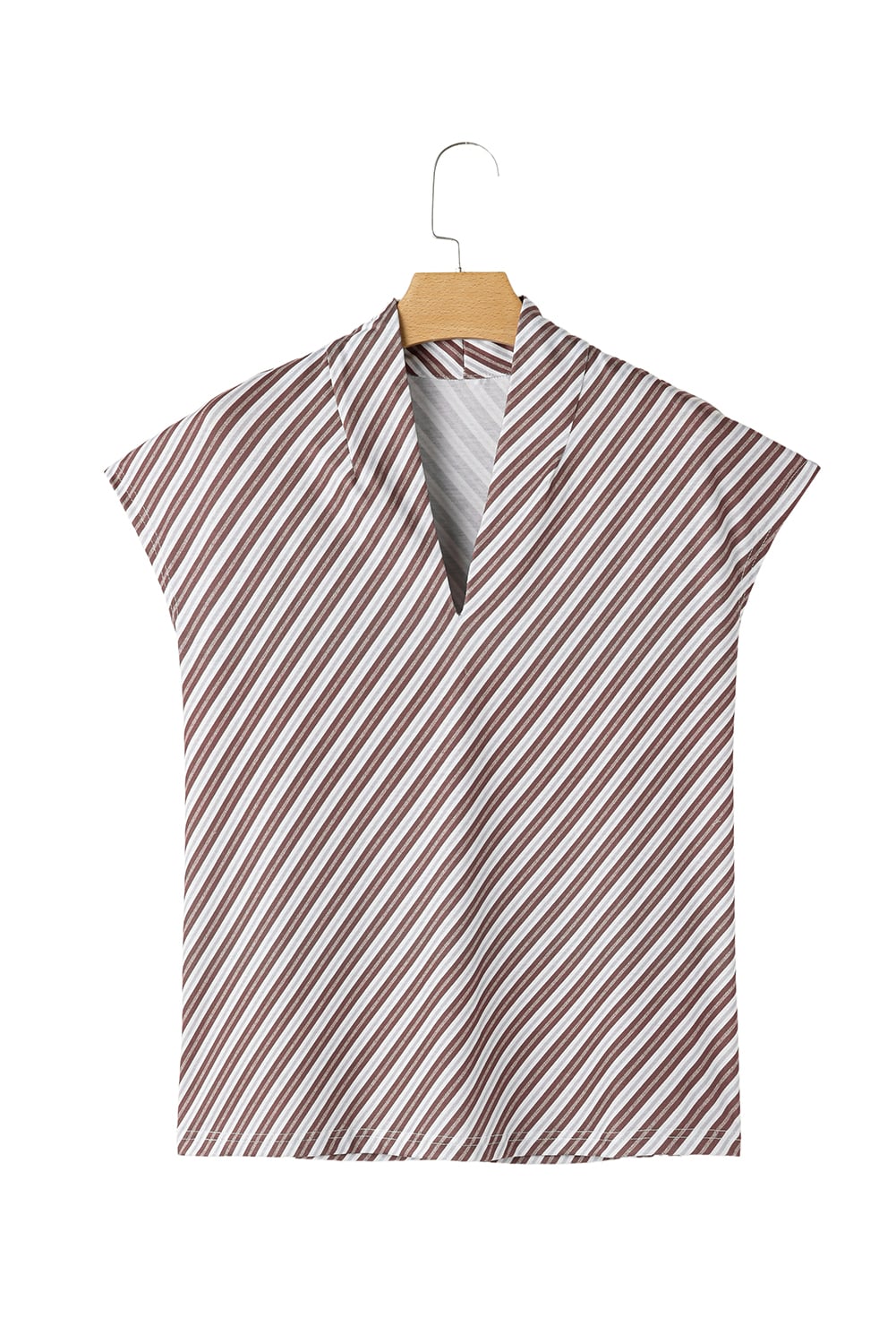 Chestnut Striped Stand V Neck Short Sleeve Blouse
