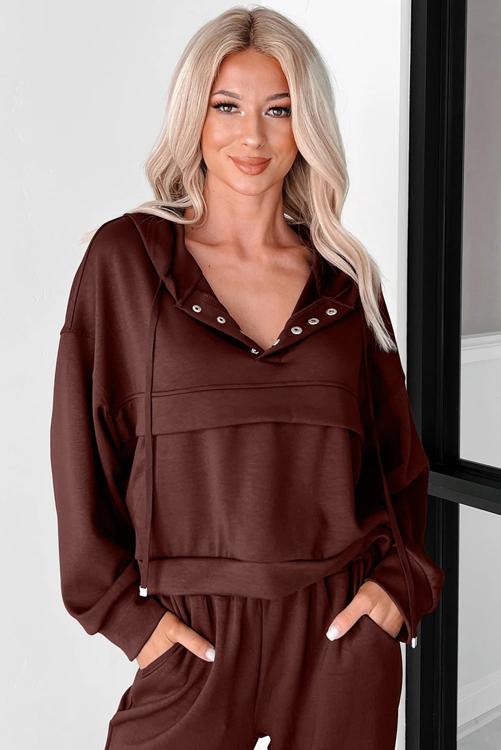 Chicory Coffee Button Drawstring Cropped Hoodie Jogger 2pcs Set