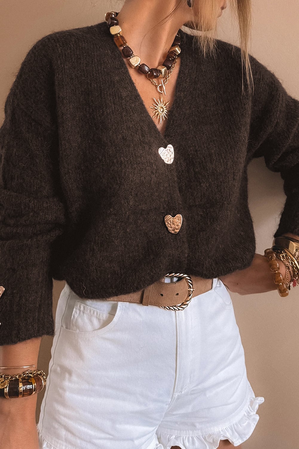 Chicory Coffee Heart Metal Button V Neck Cardigan Sweater