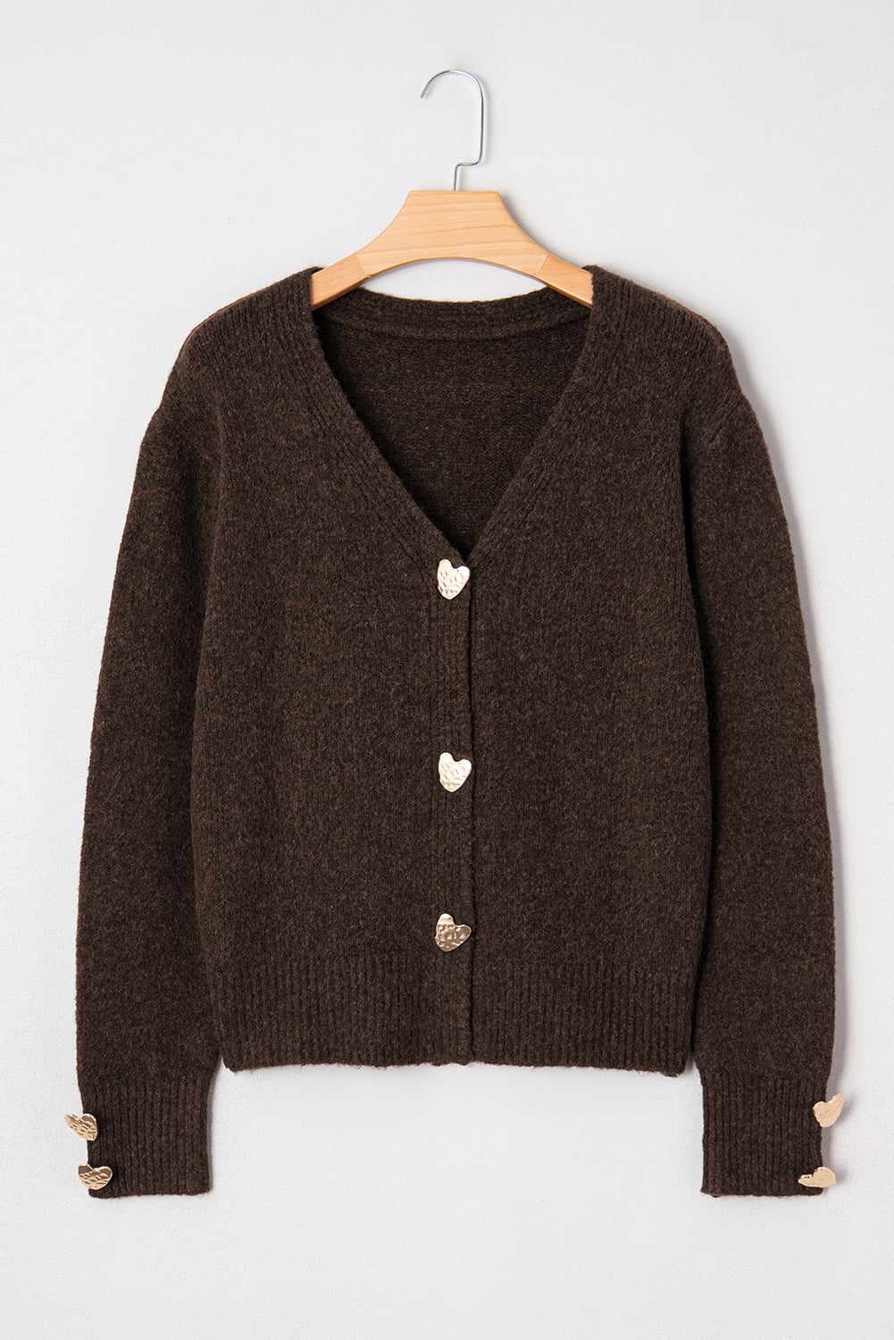 Chicory Coffee Heart Metal Button V Neck Cardigan Sweater