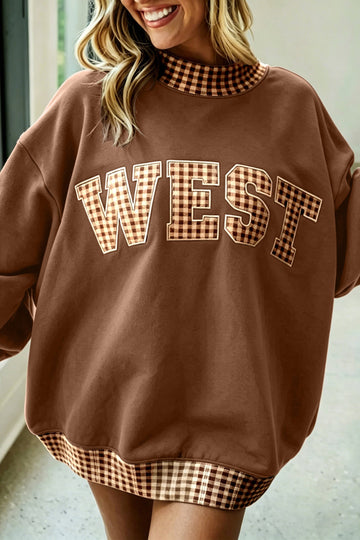 Chicory Coffee Plaid Trim High Neck WEST Letter Graphic Baggy Sweatshirt