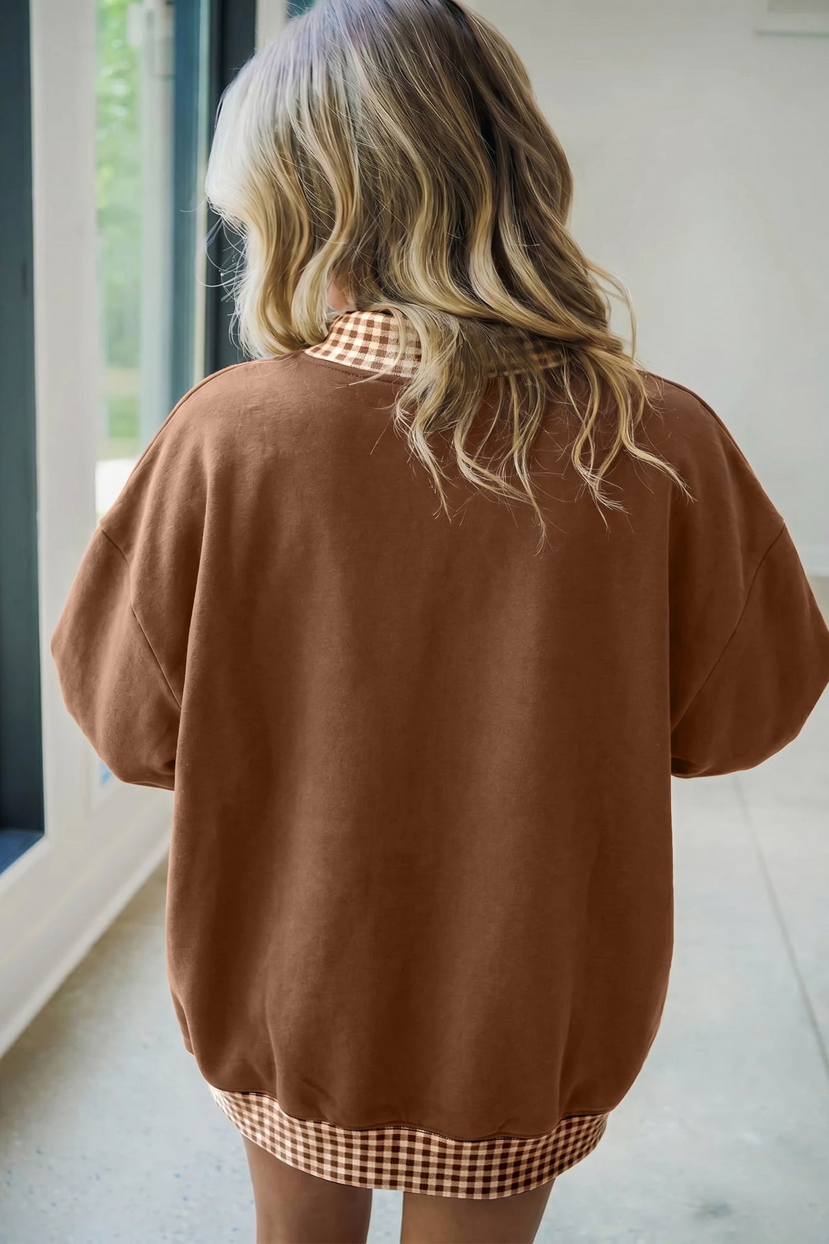 Chicory Coffee Plaid Trim High Neck WEST Letter Graphic Baggy Sweatshirt