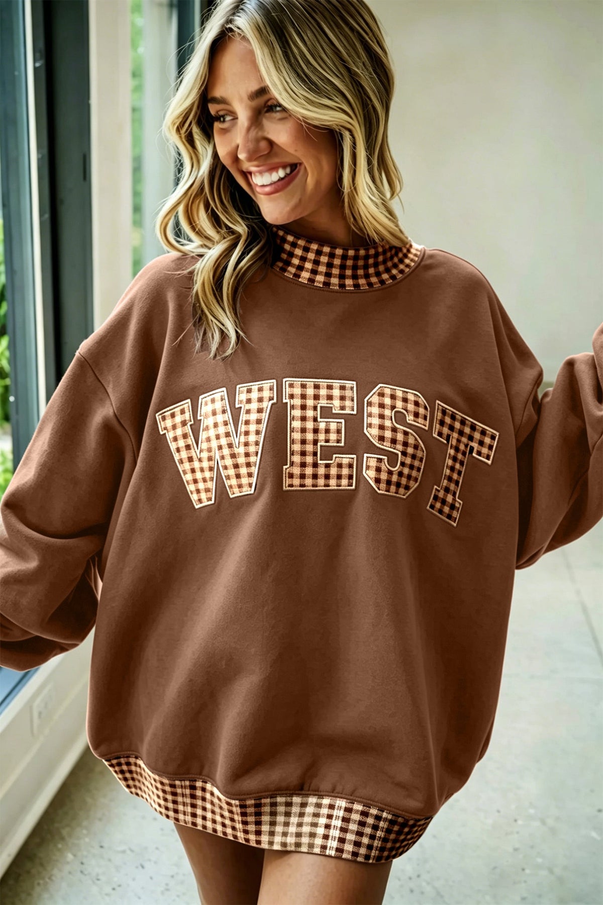 Chicory Coffee Plaid Trim High Neck WEST Letter Graphic Baggy Sweatshirt